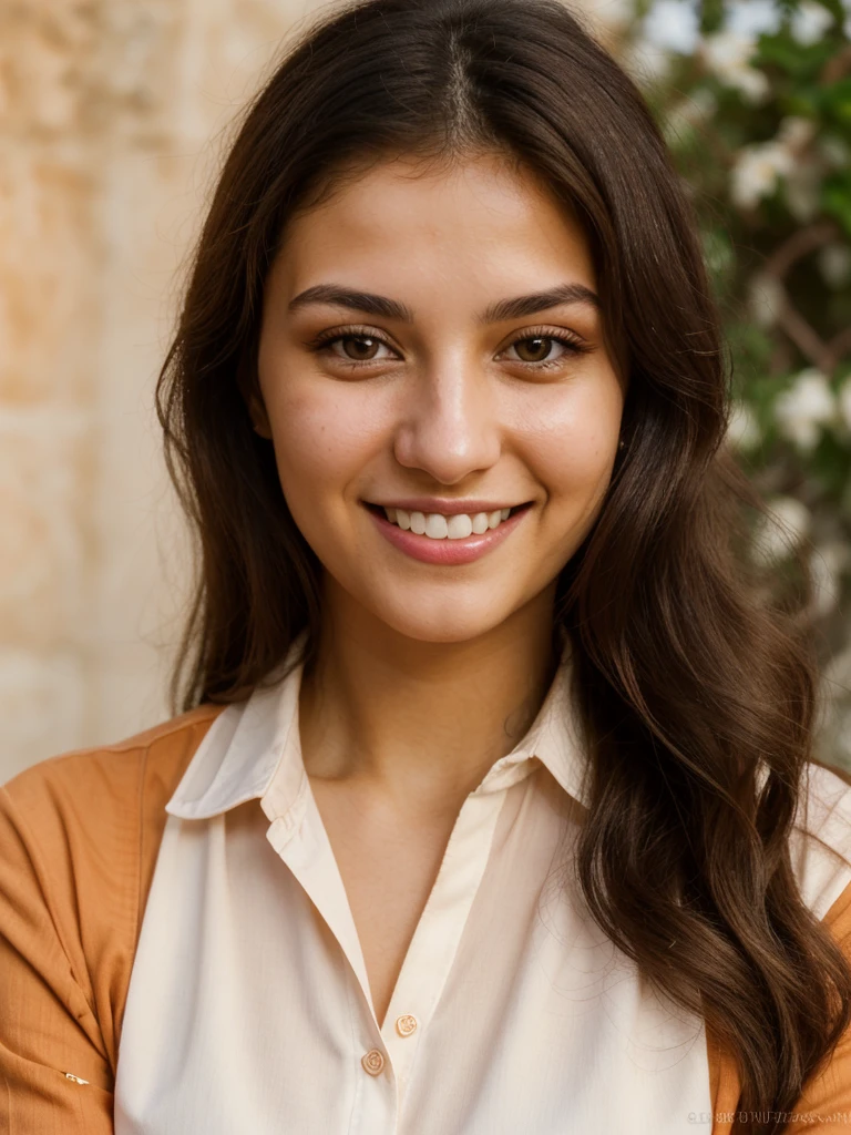 24YO, one half Russian half Jordanian women, cute smile, white teethes, long burnt orange shirt, light brown eyes, small nose, black/brown long hair