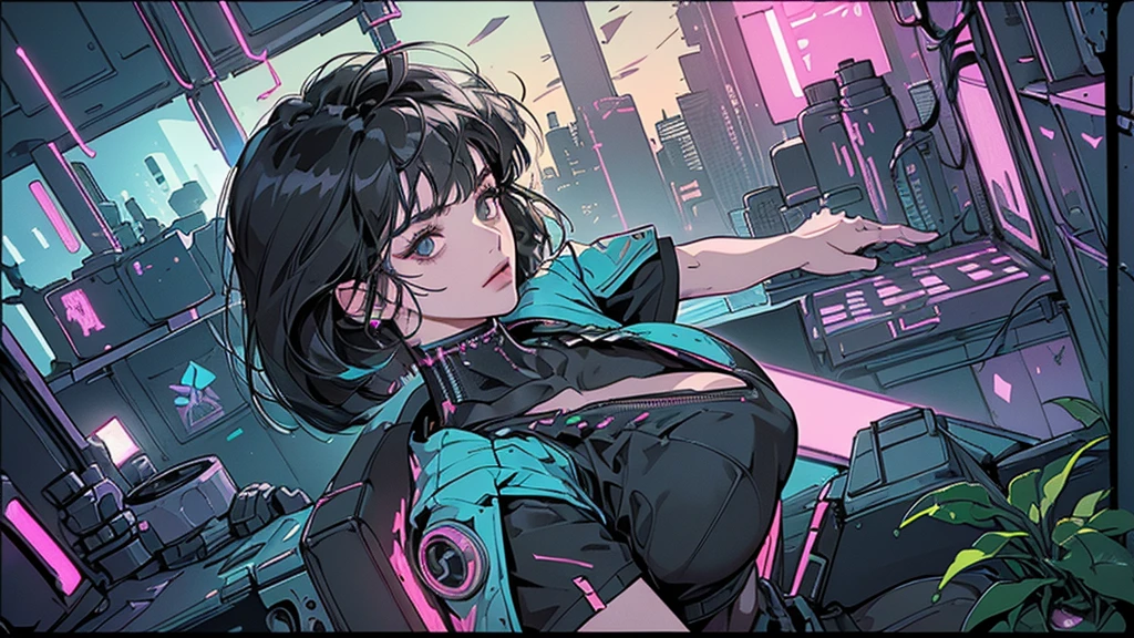 Ultimate quality, masterpiece, Unity 8k Wallpaper, Depth of Field, Super detailed,High resolution, (((A very detailed beautiful woman, Perfect face,Black Hair, bob cut,Bangs, Gray eyes, Top of crop, Short sleeve, Huge breasts)))), (((Cyberpunk style messy room. More neon. Many machines of unknown purpose)), Nostalgia, panoramic, long shot, (((records on bookshelf.))), (((Various angles))),(((plant))), (((cyberpunk interior decoration))), (((Overhead shot))),