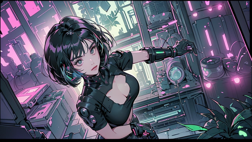 masterpiece, Best quality, (1 girl), (solo) (front facing), (upper body), (smile),(from front), (portrait), (night), (pose for picture), (dystopian city street), (large breast), (cleavage), (long hair),, black costume, black, gloves, dress boots, black gloves, puffy sleeves, black dress) (blak hairband),(cyberpunk costume), (green hair), (green eyes), feather-trimmed sleeves anime, realistic, masterpiece, (bobcut, bangs), (A2 costume) (cyber_mark), ( facial mark), (cyberpunk suit), (j4nu4ryj0n3s cleavage), (demure), (dark room), (neon lights), (cyberpunk room), (focus on body), (look at front), (look at viewer)