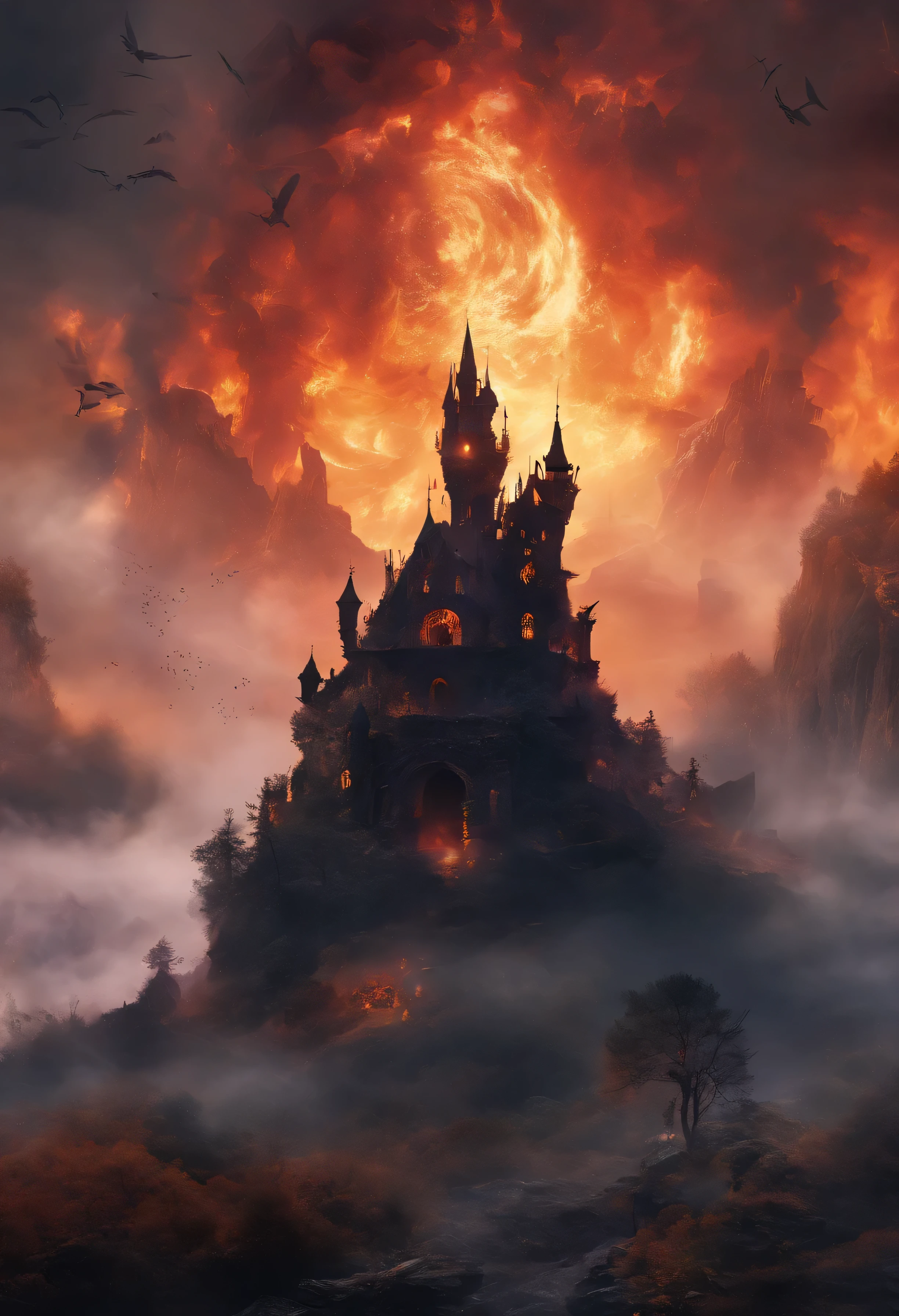 A scene from the Last Judgment,Huge owls stand in the ruins of the old castle,Collapsed buildings,Blocos de entulho,brilho de fogo,dense smoke,water face,imagem invertida,sharp focus,bokeh,profundidade de campos,Obras de mestres,superfino,hiper-realista,8K,melhor qualidade de imagem,Detailed Description,film lighting,Cinematic perspective