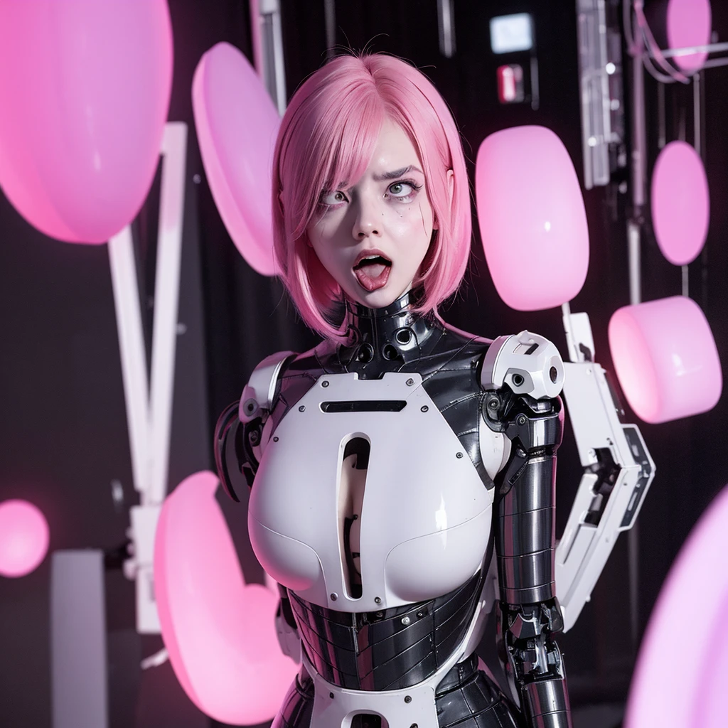 a girl with a sleek and attractive robotic body, featuring high-tech components. She has short pink hair, purple eyes, and an angry expression. She is wearing a mask that partially obscures her face, with her polished mechanical limbs and torso emphasizing her allure despite her intense emotions. wearing white masker