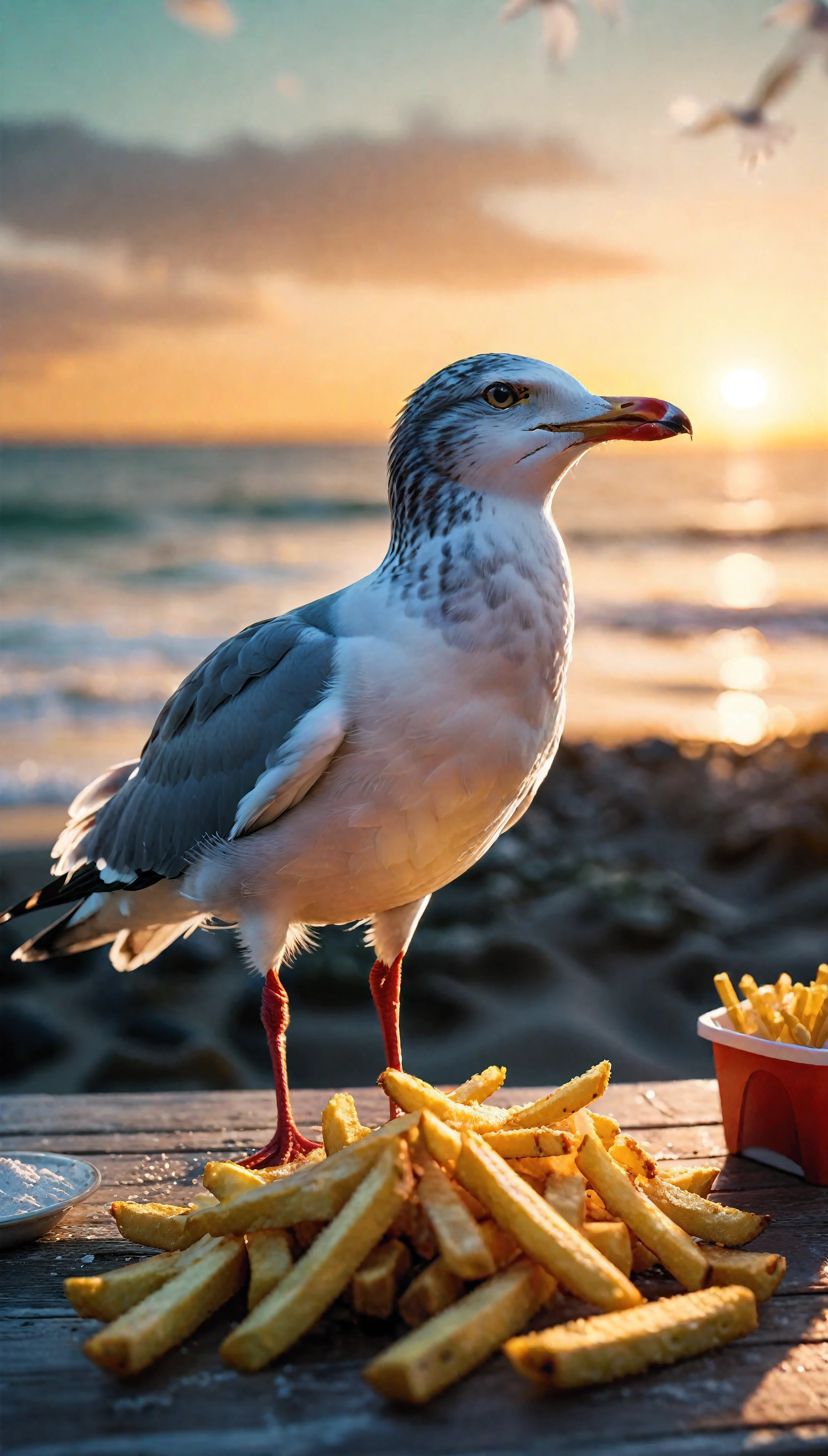 ((Masterpiece in maximum 16K resolution):1.6),((soft_color_photograpy:)1.5), ((Ultra-Detailed):1.4),((Movie-like still images and dynamic angles):1.3). | (Macro shot cinematic photo of seagull over a beach table with french fries.), ((detailed seagull, detailed french fries, beach, detailed wooden table, sunset, golden hour lighting, vibrant colors):1.2), (macro lens), (exotic animal), (cute), (delightful atmosphere), (aesthetic photography style), (visual experience),(Realism), (Realistic),award-winning graphics, dark shot, film grain, extremely detailed, Digital Art, rtx, Unreal Engine, scene concept anti glare effect, All captured with sharp focus. | Rendered in ultra-high definition with UHD and retina quality, this masterpiece ensures anatomical correctness and textured skin with super detail. With a focus on high quality and accuracy, this award-winning portrayal captures every nuance in stunning 16k resolution, immersing viewers in its lifelike depiction. | ((perfect_composition, perfect_design, perfect_layout, perfect_detail, ultra_detailed)), ((enhance_all, fix_everything)), More Detail, Enhance.