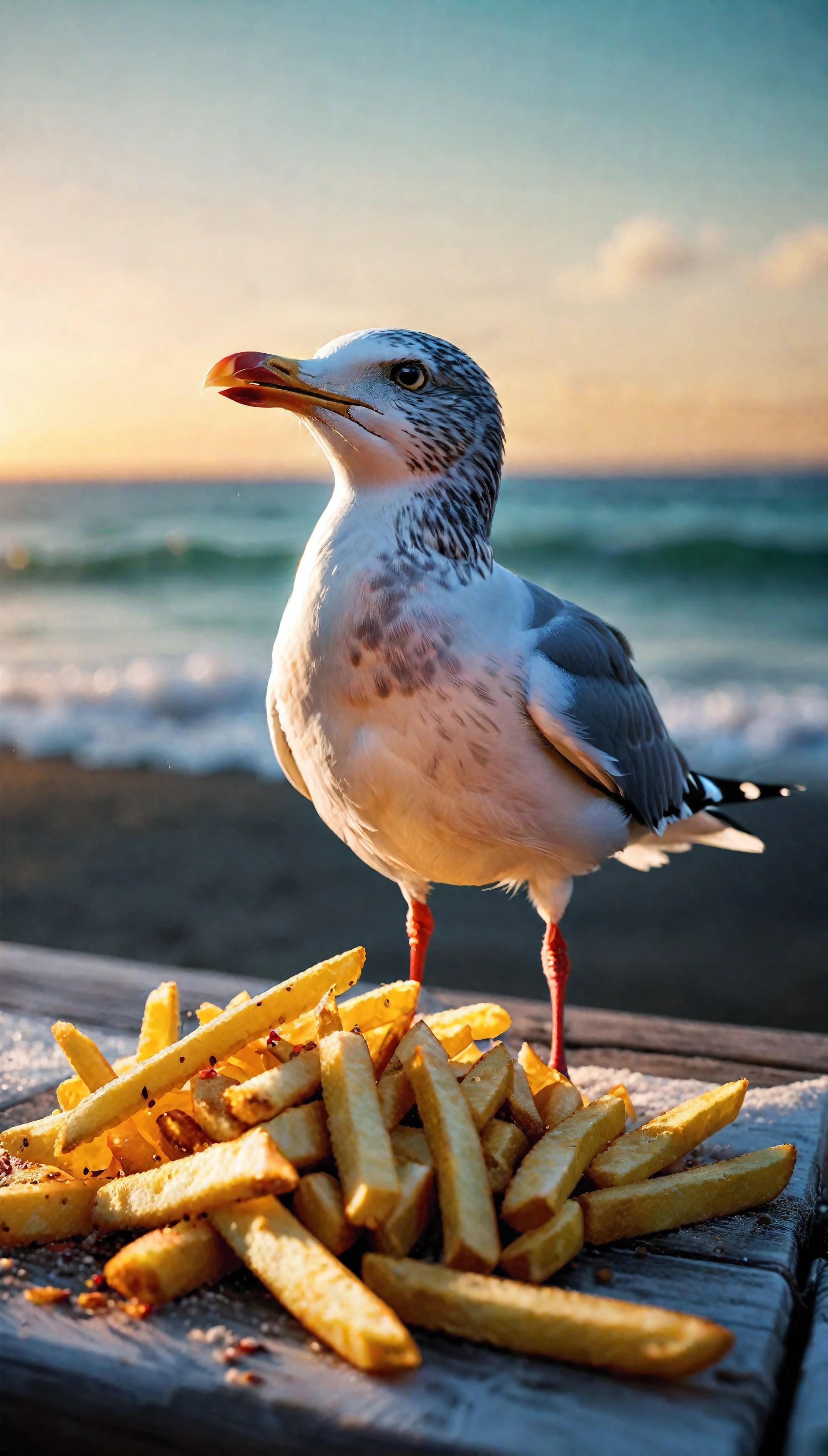 ((Masterpiece in maximum 16K resolution):1.6),((soft_color_photograpy:)1.5), ((Ultra-Detailed):1.4),((Movie-like still images and dynamic angles):1.3). | (Macro shot cinematic photo of seagull over a beach table with french fries.), ((detailed seagull, detailed french fries, beach, detailed wooden table, sunset, golden hour lighting, vibrant colors):1.2), (macro lens), (exotic animal), (cute), (delightful atmosphere), (aesthetic photography style), (visual experience),(Realism), (Realistic),award-winning graphics, dark shot, film grain, extremely detailed, Digital Art, rtx, Unreal Engine, scene concept anti glare effect, All captured with sharp focus. | Rendered in ultra-high definition with UHD and retina quality, this masterpiece ensures anatomical correctness and textured skin with super detail. With a focus on high quality and accuracy, this award-winning portrayal captures every nuance in stunning 16k resolution, immersing viewers in its lifelike depiction. | ((perfect_composition, perfect_design, perfect_layout, perfect_detail, ultra_detailed)), ((enhance_all, fix_everything)), More Detail, Enhance.