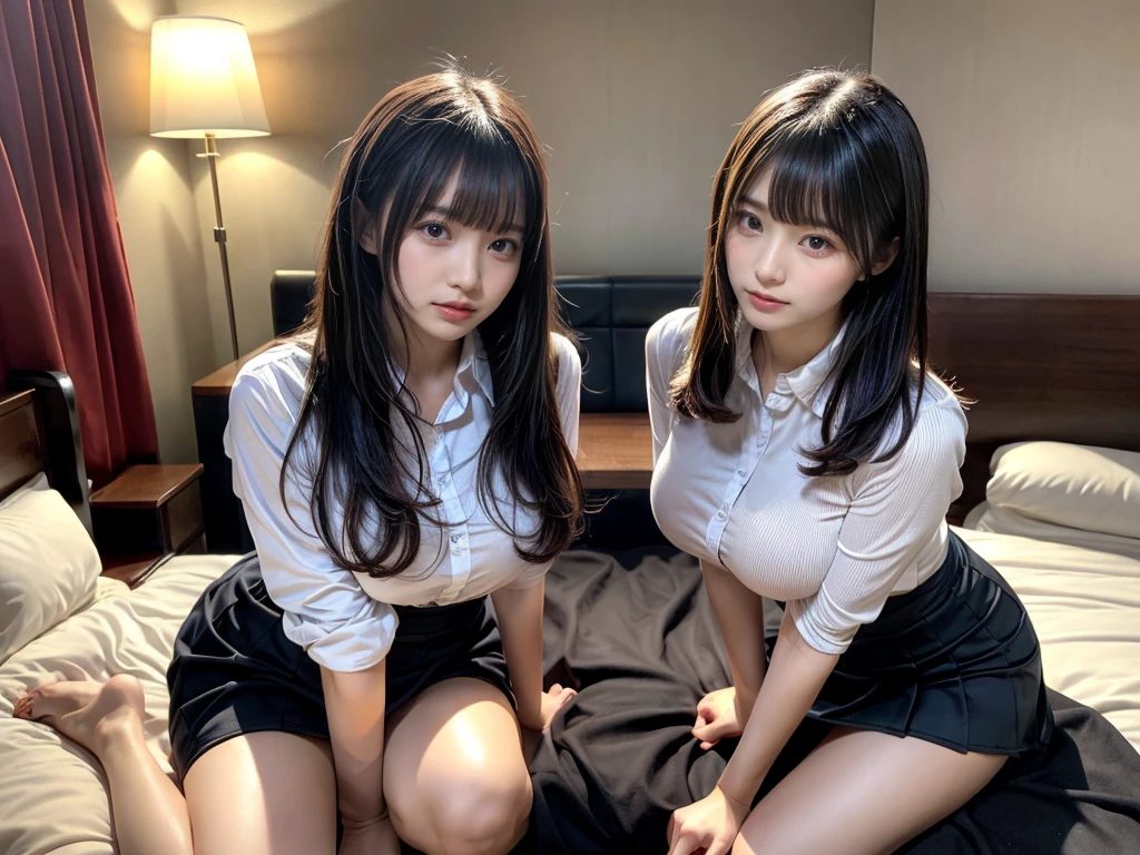 masterpiece, best quality, illustration, Super detailed, fine details, High resolution, 8K,wall paper, perfect dynamic composition,(Details High quality, realistic depiction of eyes:1.3), ((2 girls)),(collared shirt:1.1), pleated skirt, short bob hair、black hair color, Big Natural Color Lip, Play with each other,Touching each other's bodies,Touching the body of the girl next door,bold sexy pose, crying a little、20 year old girl、beautiful legs, hotel room, gravure idol, Voluptuous thighs, large breasts, Don't expose it