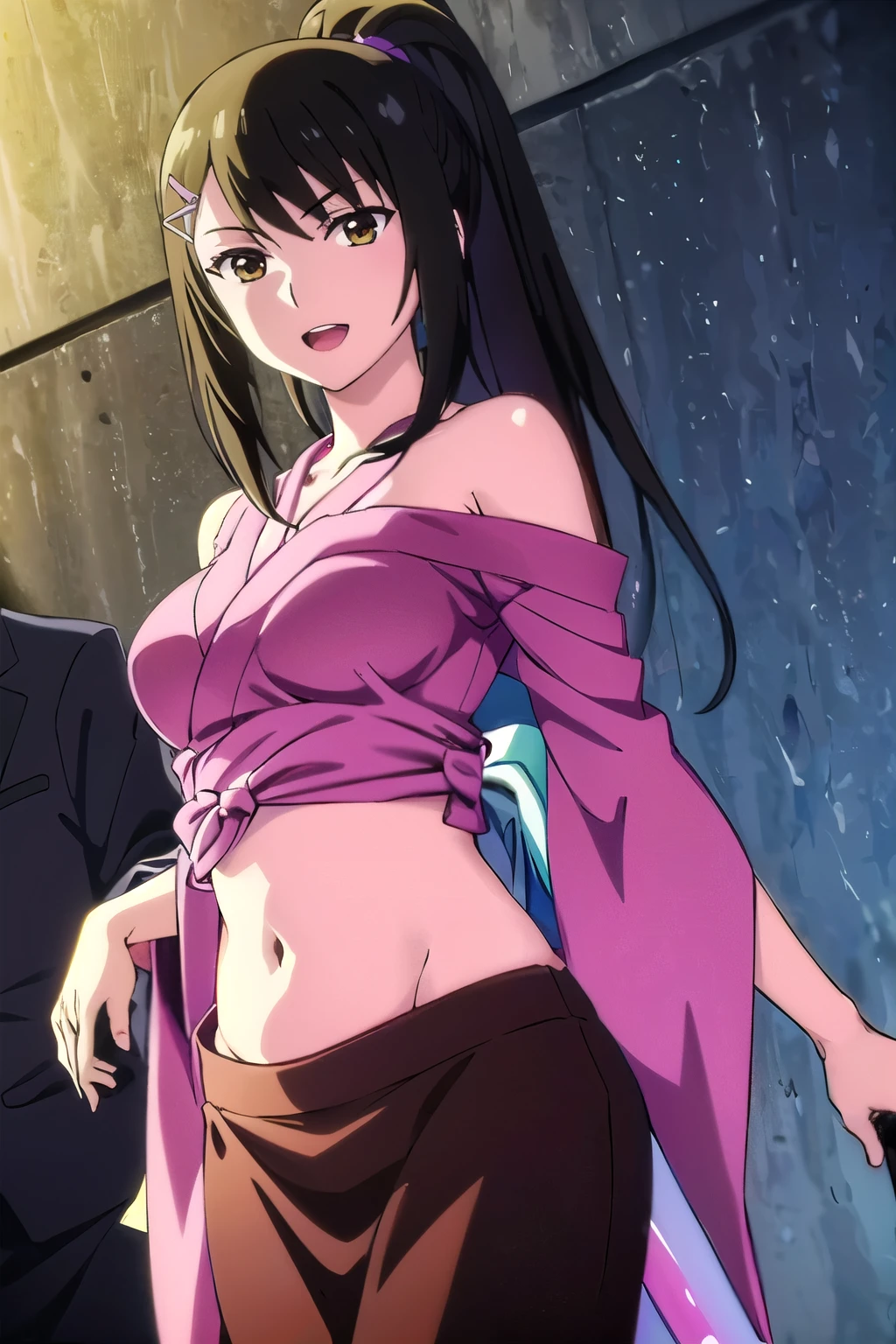 saechabashira, sae chabashira, long hair, (black hair:1.5), hair ornament, (brown eyes:1.3), ponytail, hairclip,
evil smile, blush, lipstick, masterpiece, best quality, highly detailed, a anime girls in kimono dress with a sword posing for a
picture, bare shoulder,open kimono, evil smile, open mouth, crop top , (nsfw) not safe for work, smile,
ecchi anime style, anime girls, ecchi style, ecchi, digital anime art!!, in anime style, official artwork, visual
novel cg, beautiful anime girl, anime style 4 k, kimono pencil skirt, exposed belly, exposed navel,
exposed midriff, exposed lower belly, outdoor, japanese architecture, temple