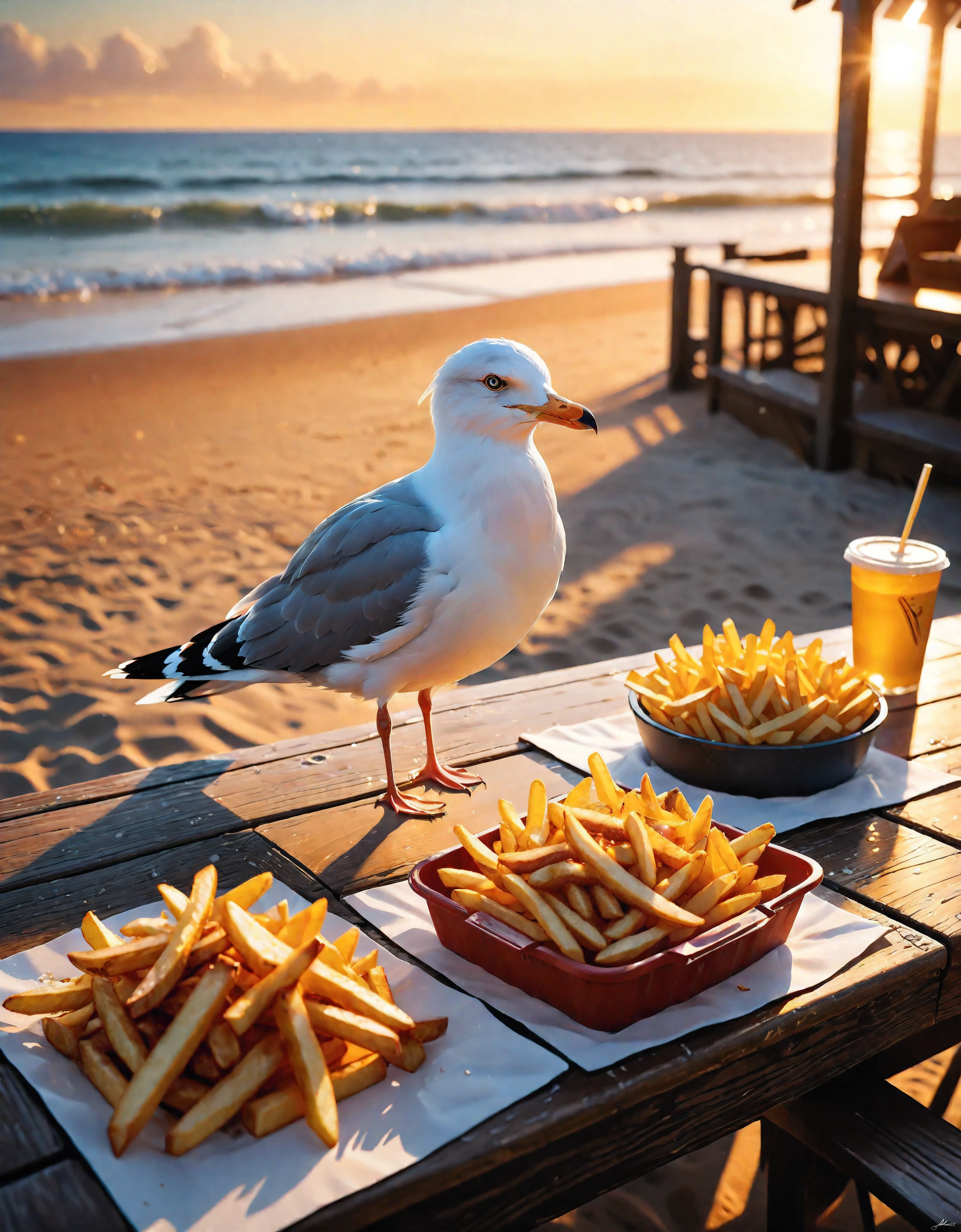 ((Masterpiece in maximum 16K resolution):1.6),((soft_color_photograpy:)1.5), ((Ultra-Detailed):1.4),((Movie-like still images and dynamic angles):1.3). | (Macro shot cinematic photo of seagull over a beach table with french fries.), ((detailed seagull, detailed french fries, beach, detailed wooden table, sunset, golden hour lighting, vibrant colors):1.2), (macro lens), (exotic animal), (cute), (delightful atmosphere), (aesthetic photography style), (visual experience),(Realism), (Realistic),award-winning graphics, dark shot, film grain, extremely detailed, Digital Art, rtx, Unreal Engine, scene concept anti glare effect, All captured with sharp focus. | Rendered in ultra-high definition with UHD and retina quality, this masterpiece ensures anatomical correctness and textured skin with super detail. With a focus on high quality and accuracy, this award-winning portrayal captures every nuance in stunning 16k resolution, immersing viewers in its lifelike depiction. | ((perfect_composition, perfect_design, perfect_layout, perfect_detail, ultra_detailed)), ((enhance_all, fix_everything)), More Detail, Enhance.