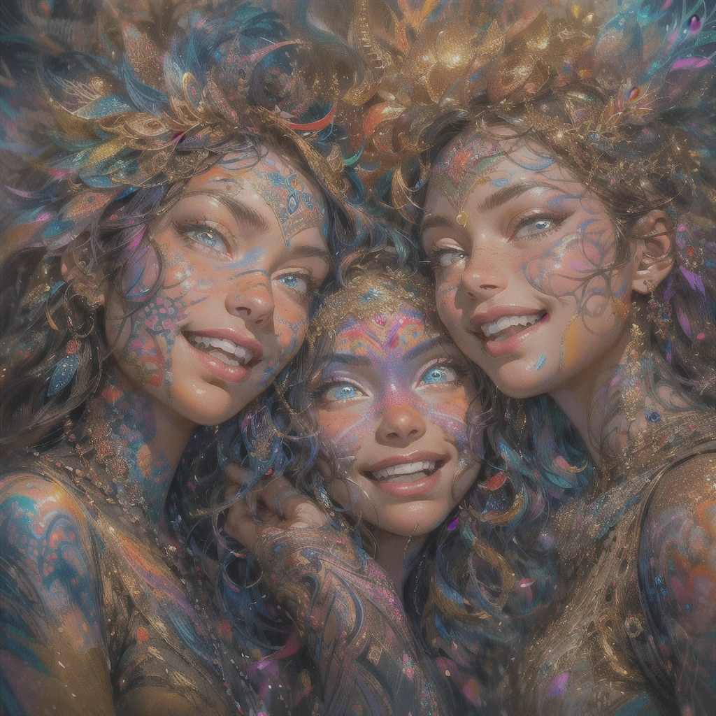 stunning psychedelic fantasy portrait, 3 incredibly beautiful young women, body painting, laughing, vibrant colors, glowing skin, ethereal atmosphere, detailed faces and expressions, lush hair, intricate patterns, shimmering highlights, dramatic lighting, surreal dreamlike quality, high-resolution, photorealistic, masterpiece