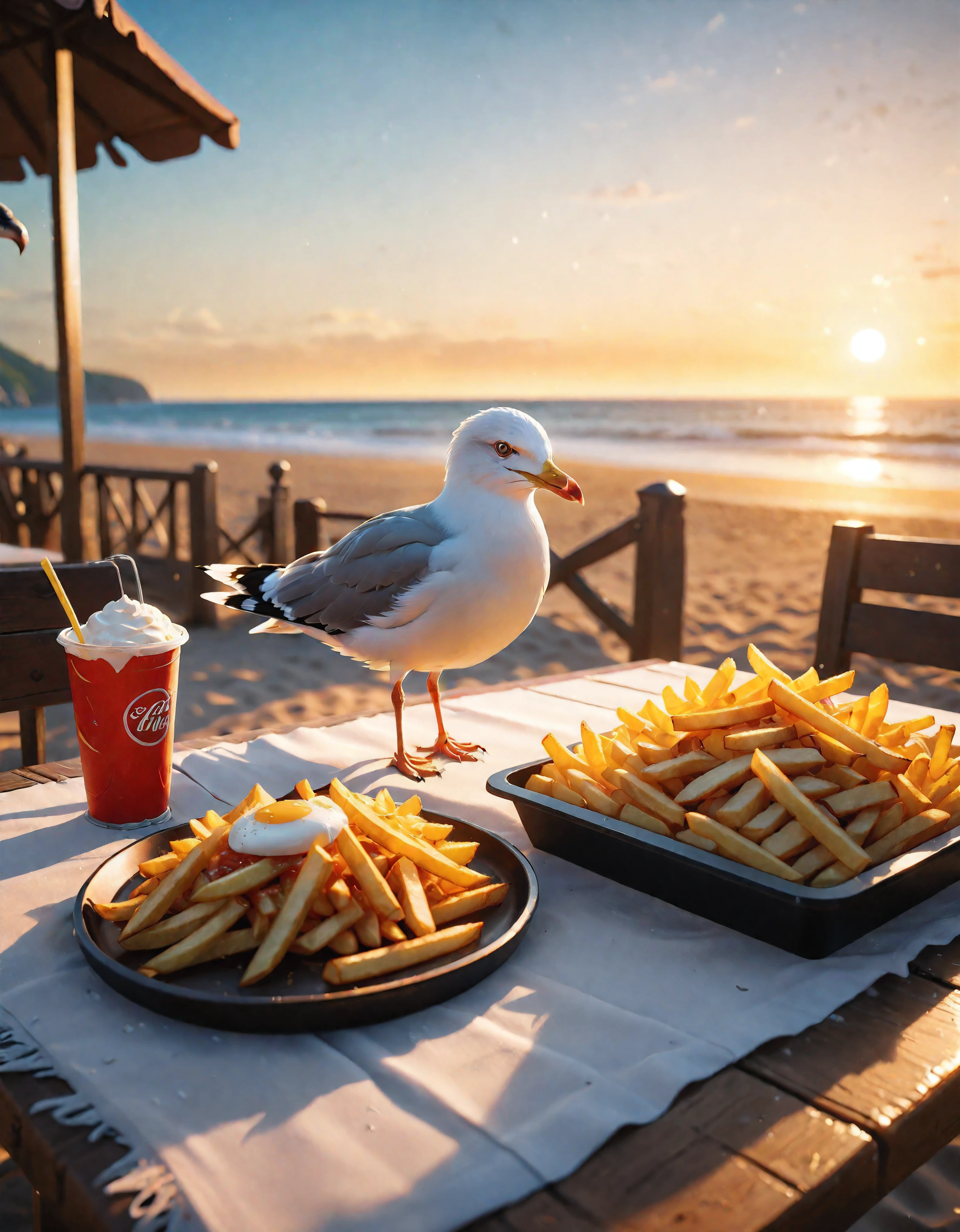 ((Masterpiece in maximum 16K resolution):1.6),((soft_color_photograpy:)1.5), ((Ultra-Detailed):1.4),((Movie-like still images and dynamic angles):1.3). | (Macro shot cinematic photo of seagull over a beach table with french fries.), ((detailed seagull, detailed french fries, beach, detailed wooden table, sunset, golden hour lighting, vibrant colors):1.2), (macro lens), (exotic animal), (cute), (delightful atmosphere), (aesthetic photography style), (visual experience),(Realism), (Realistic),award-winning graphics, dark shot, film grain, extremely detailed, Digital Art, rtx, Unreal Engine, scene concept anti glare effect, All captured with sharp focus. | Rendered in ultra-high definition with UHD and retina quality, this masterpiece ensures anatomical correctness and textured skin with super detail. With a focus on high quality and accuracy, this award-winning portrayal captures every nuance in stunning 16k resolution, immersing viewers in its lifelike depiction. | ((perfect_composition, perfect_design, perfect_layout, perfect_detail, ultra_detailed)), ((enhance_all, fix_everything)), More Detail, Enhance.