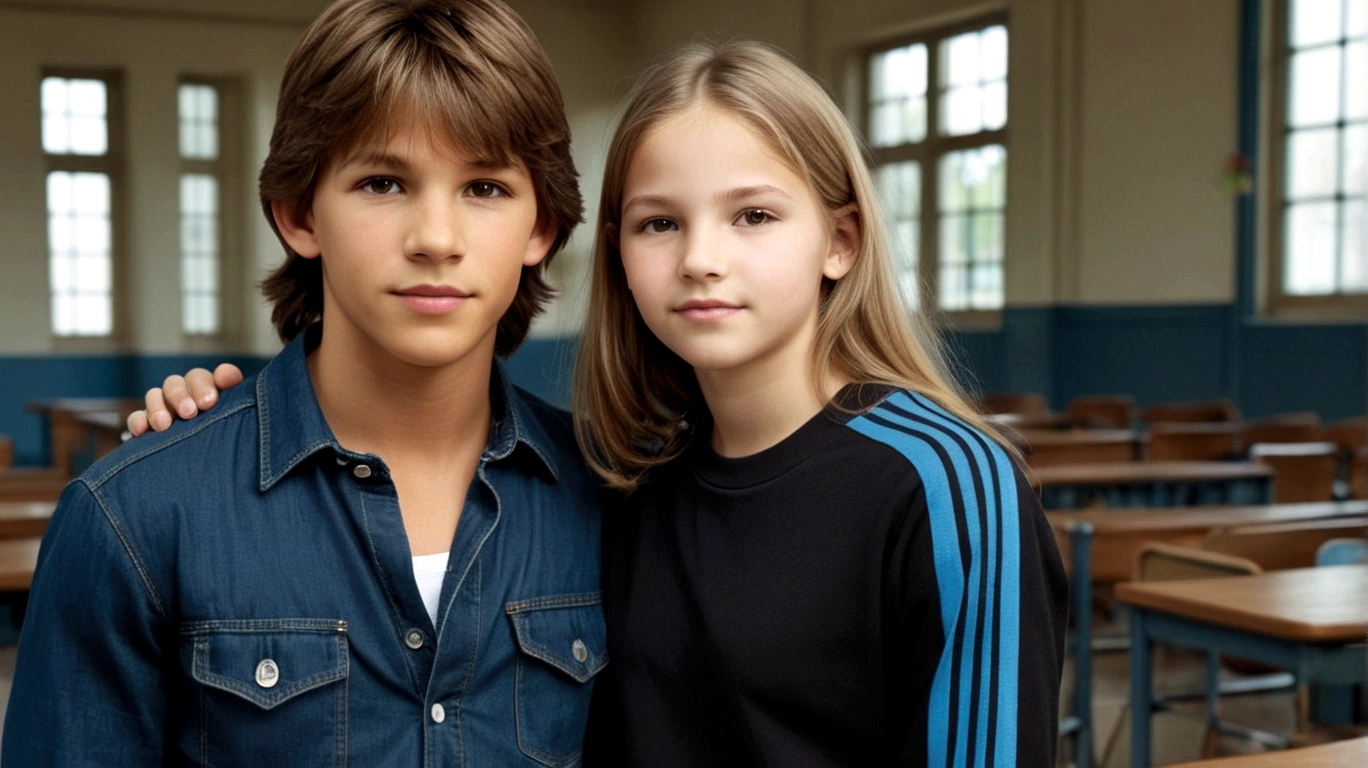 a young man called lineker, , he has a face similar to Jon Bom Jovi, he has light hair, brown eyes, black blouse, black pants, black sneakers, at school meeting a girl called Jessica, 11 years oldface similar to jon bom jovi she has light hair, brown eyes, black blouse, black pants, blue sneakers