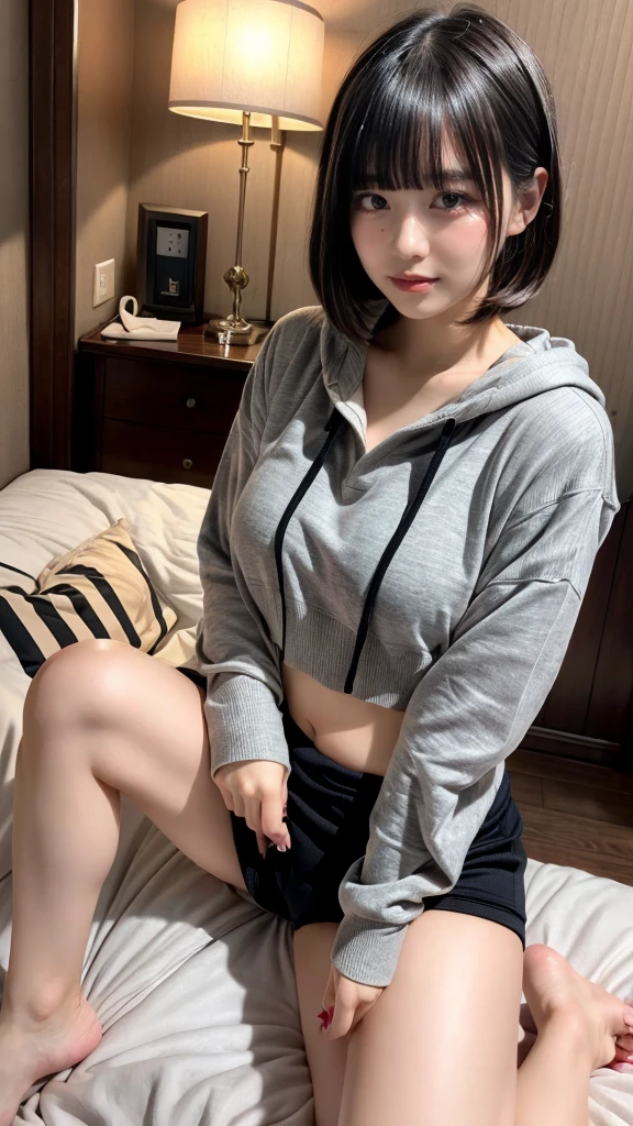 masterpiece, best quality, illustration, Super detailed, fine details, High resolution, 8K,wall paper, perfect dynamic composition,(Details High quality, realistic depiction of eyes:1.3), Oversized Light Grey Hoodie, Erotic Shorts, short bob hair, Lying down, black hair color, Big Natural Color Lip, bold sexy pose, (perfect body shape), crying a little、Harajuku style、20 year old girl、cute type、ta、beautiful legs, hotel room, hposing Gravure Idol, Voluptuous thighs