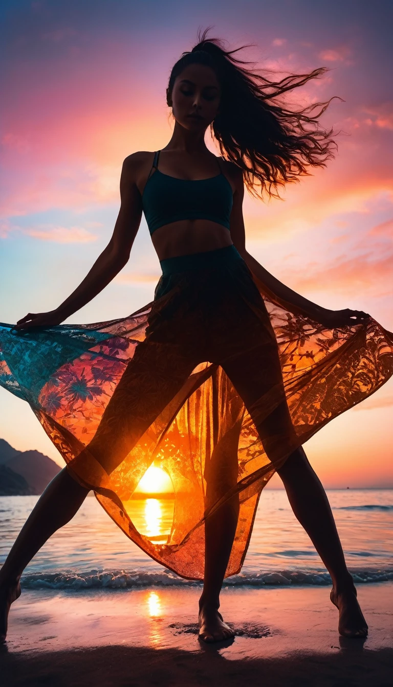 (masterpiece, best quality:1.2), 1girl, solo, standing_split,
Silhouette photo of 1 woman, multiple exposure, sunset, enhance, intricate, high-saturation, (best quality, masterpiece, Representative work, UHD, HIghres, Professional, 8k wallpaper:1.3)