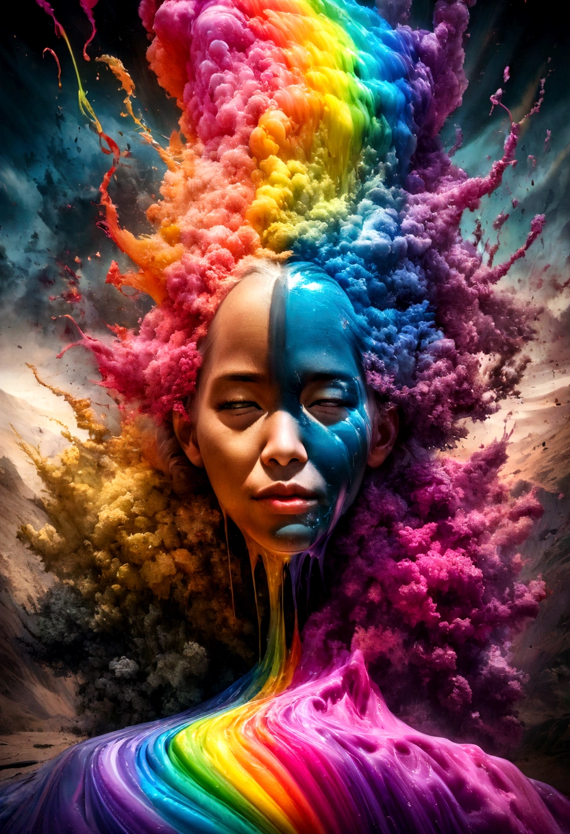 create a masterpiece. When worlds collide. Swirling liquid rainbow colored paint, neon paint drip, Triple exposure photo style. unsubstantial, octane rendering, Vibrant neon colors, extremely cinematic, very powerful picture, National Geographic Photo.