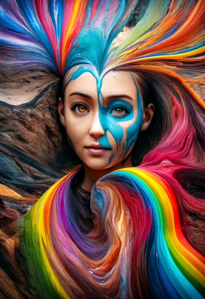 create a masterpiece. When worlds collide. Swirling liquid rainbow colored paint, neon paint drip, Triple exposure photo style. unsubstantial, octane rendering, Vibrant neon colors, extremely cinematic, very powerful picture, National Geographic Photo.