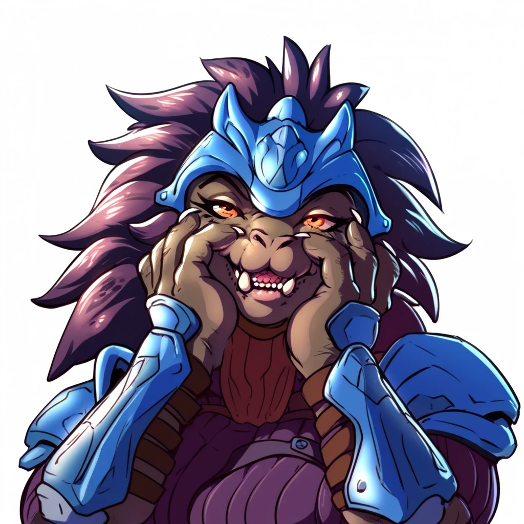 score_9, score_8_up, score_7_up, score_6_up, score_5_up, score_4_up,
1girl,
solo,
female,
furry,
furry female,
anthro,
alien, dark purple messy long hair,
muscular,
countershading,
detailed soft,
source_furry,
face,
teeth,
claws,
muscular female,
big tits, blue armor
simple background,
white background,
yandere trance, portrait, hands on face, tilted head