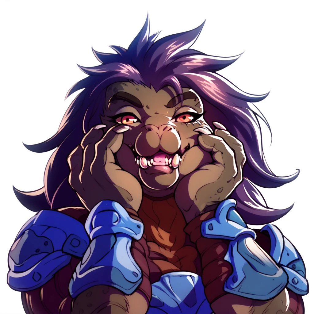 score_9, score_8_up, score_7_up, score_6_up, score_5_up, score_4_up,
1girl,
solo,
female,
furry,
furry female,
anthro,
alien, dark purple messy long hair,
muscular,
countershading,
detailed soft,
source_furry,
face,
teeth,
claws,
muscular female,
big tits, blue armor
simple background,
white background,
yandere trance, portrait, hands on face, tilted head