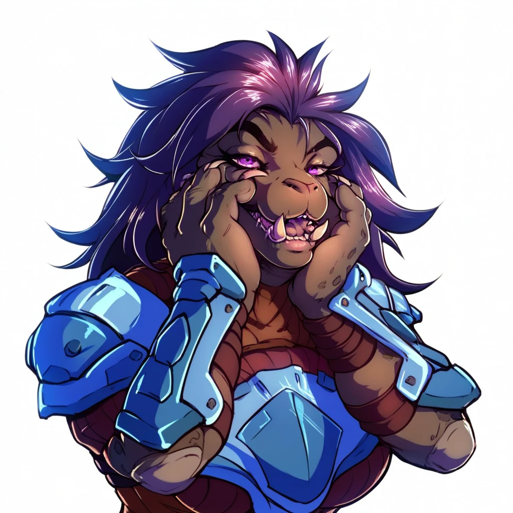 score_9, score_8_up, score_7_up, score_6_up, score_5_up, score_4_up,
1girl,
solo,
female,
furry,
furry female,
anthro,
alien, dark purple messy long hair,
muscular,
countershading,
detailed soft,
source_furry,
face,
teeth,
claws,
muscular female,
big tits, blue armor
simple background,
white background,
yandere trance, portrait, hands on face, tilted head