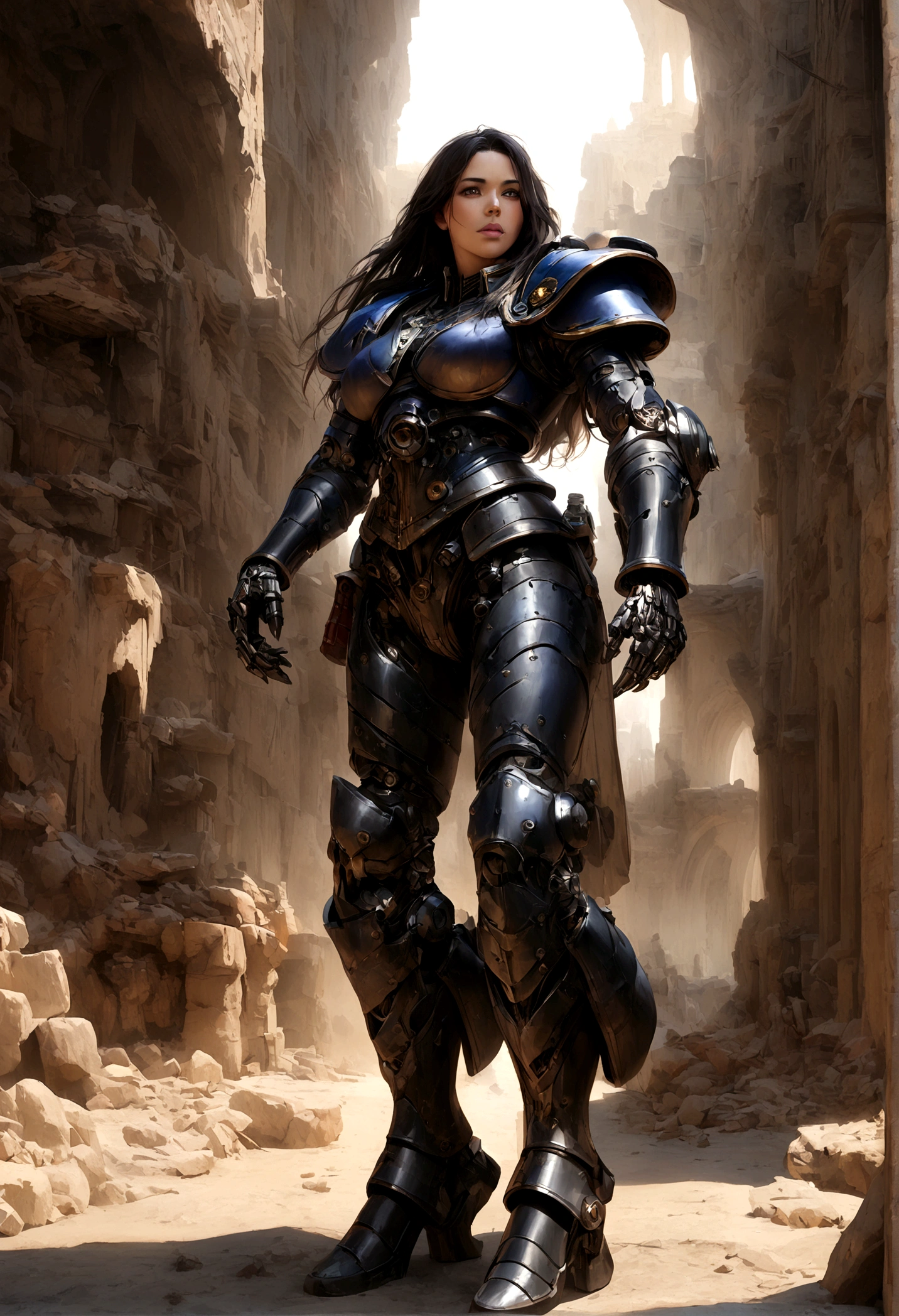 1 , complete body, ultrarealistic skin, short, black bio mechanical torso, black bio cybernetics arms, curved lips, long hair, black bio cybernetics legs, Realistic warhammer 40k background, natural light,