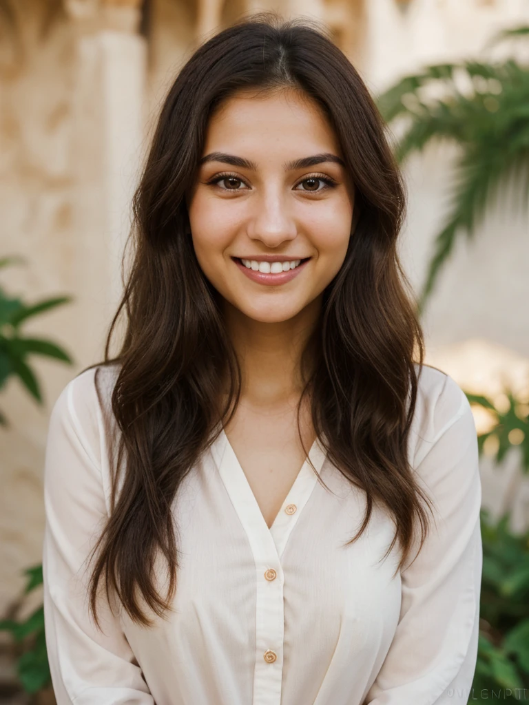 24YO, one half Russian half Jordanian women, cute smile, white teethes, long burnt orange shirt, light brown eyes, small nose, black/brown long hair