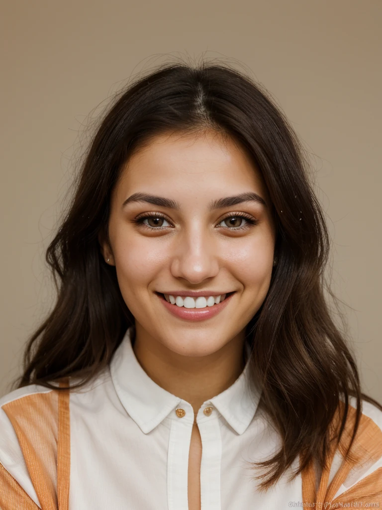 24YO, one half Russian half Jordanian women, cute smile, white teethes, long burnt orange shirt, light brown eyes, small nose, black/brown long hair
