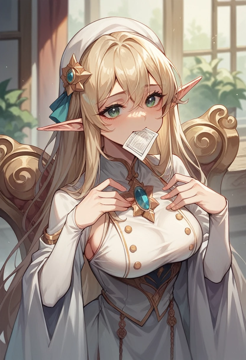 ((Highest quality)), ((masterpiece)), In front of an old Taiyaki shop,An elf girl wearing a white dress holds a taiyaki confectionery in her mouth with both hands,