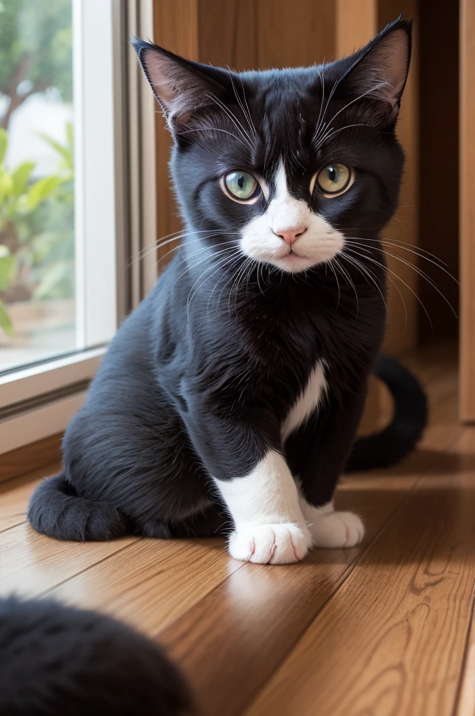 House cat (masculino) com olhos azuis, orelhas azuis, casaco preto