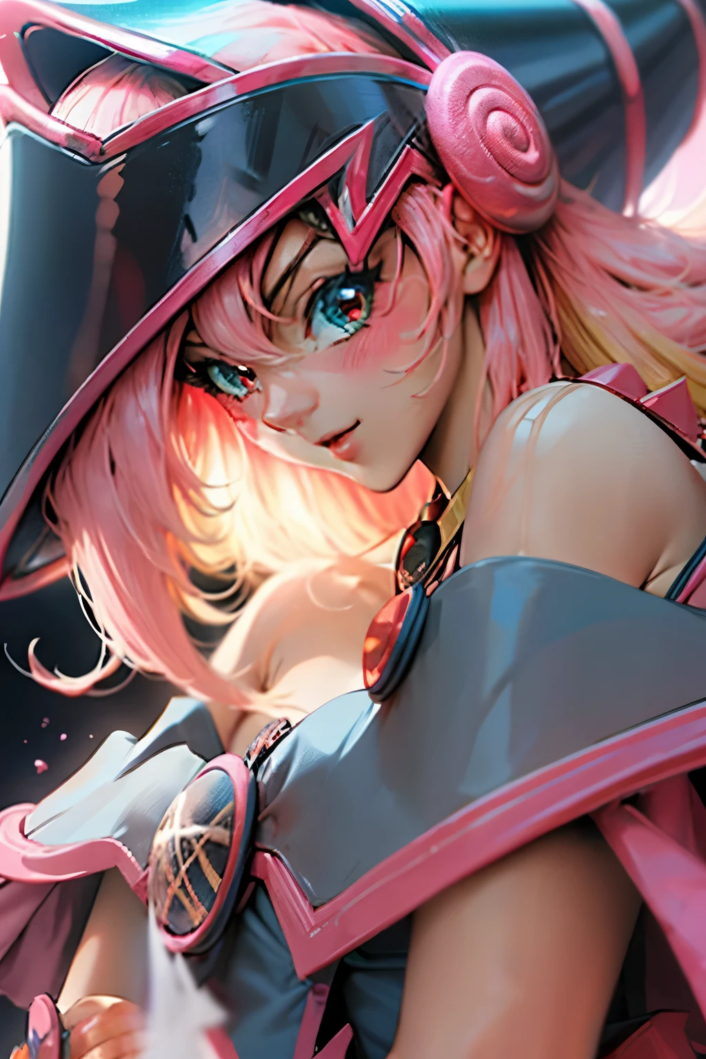 Hermoso rostro de dark magician gils, ojos azules. Labios rosados. Cabello rubio y largo. Ombros descubiertos, sonrisa angelical, hermoso rostro bien detallados de dark magician gils.