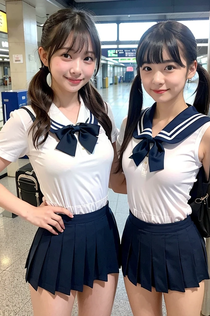 2 girls standing in Japanese railway station,short-sleeved white sailor leotard with navy blue skirt frills,red bow tie,school bags,18-year-old,bangs,a little smile,large bare thighs,knees,legs apart,short hair with low pigtails,from before,front light