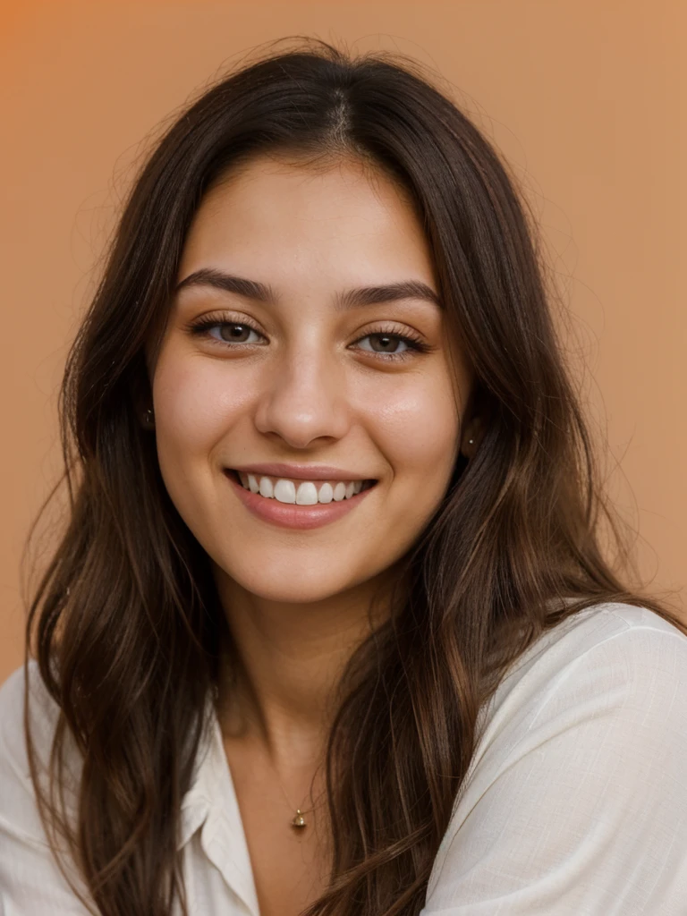 24YO, one half Russian half Jordanian women, cute smile, white teethes, long burnt orange shirt, light brown eyes, small nose, black/brown long hair