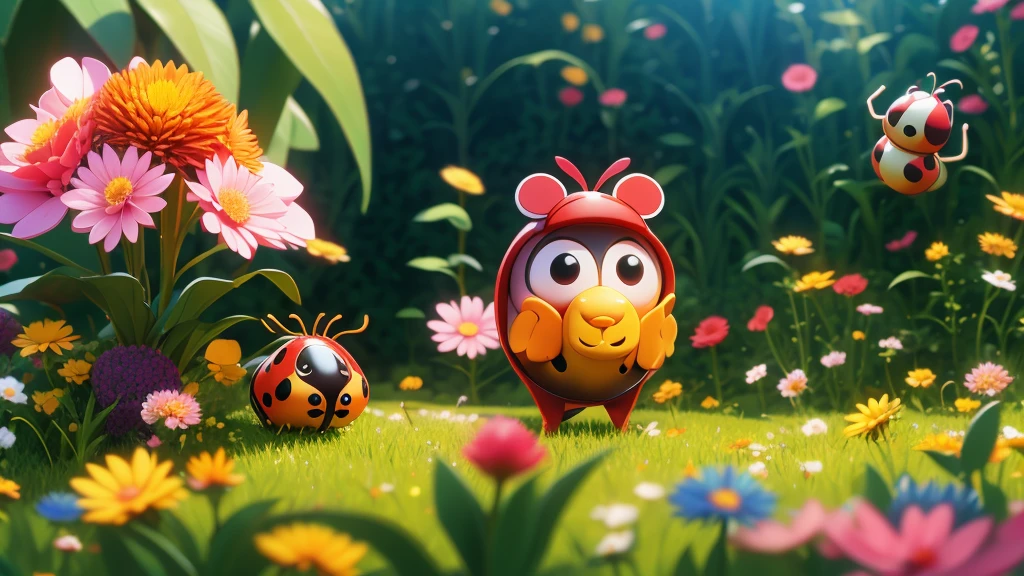 bees and ladybug pollonating a flower cartoon) with ladybug