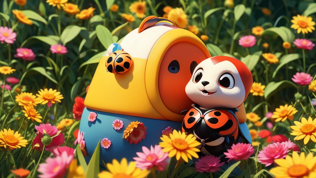 bees and ladybug pollonating a flower cartoon) with ladybug
