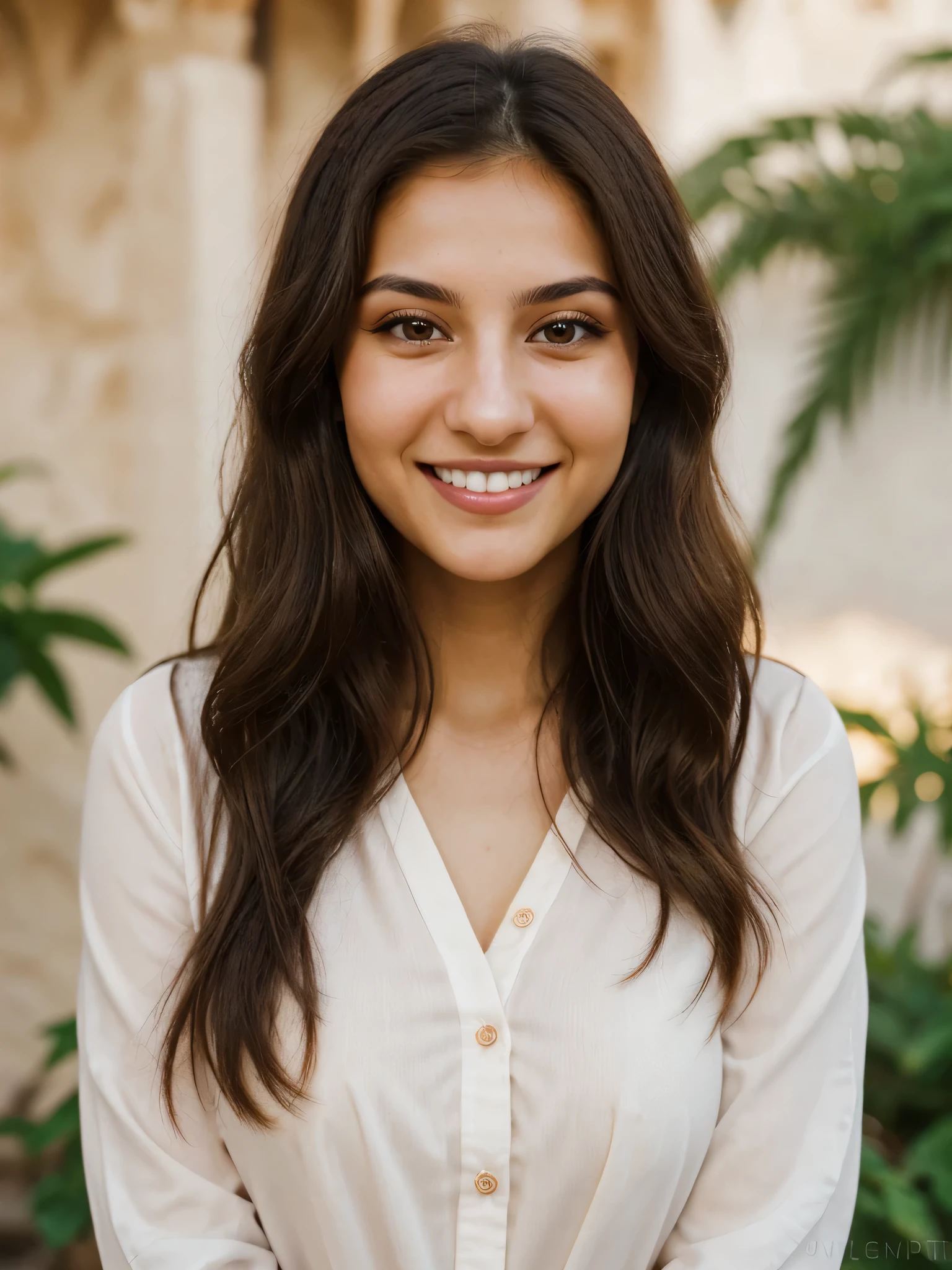 24YO, one half Russian half Jordanian women, cute smile, white teethes, long burnt orange shirt, light brown eyes, small nose, black/brown long hair