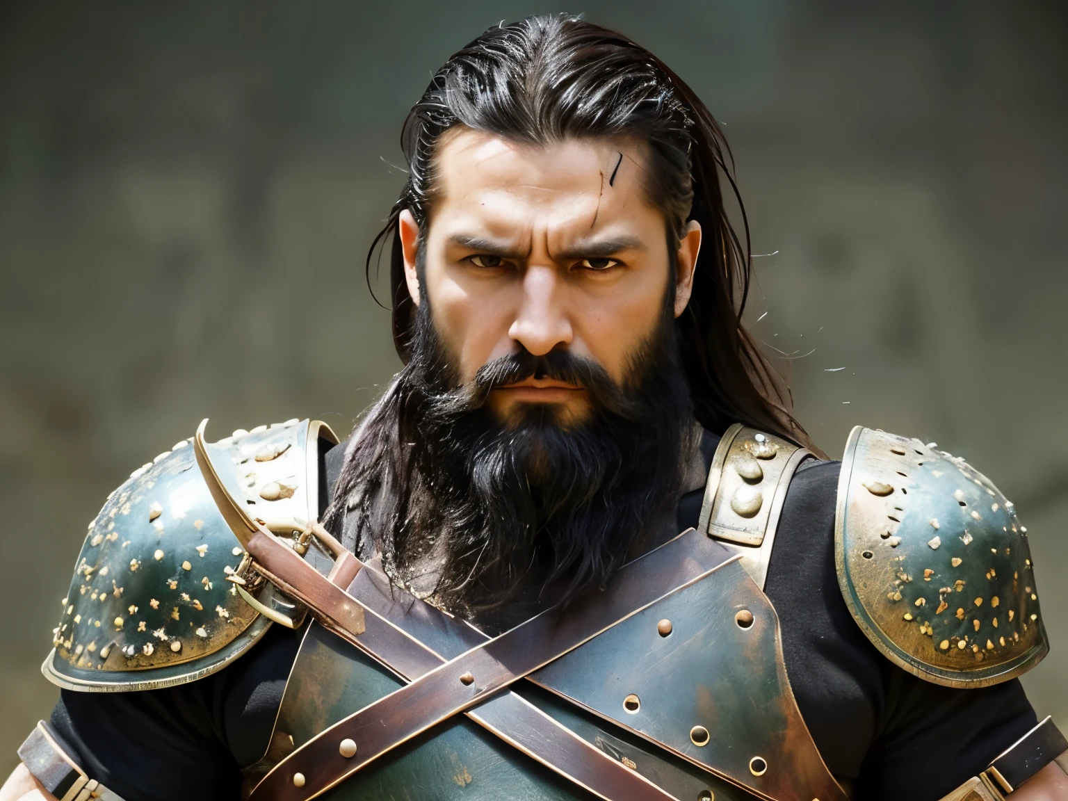 masterpiece, high quality, best quality, beautiful, hd, realistic, perfect lighting, detailed face, detailed body, 1 man, solo, black hair, green eyes, long black beard, brown and worn leather clothing gladiator style: 1.4), leather breastplate, 1 wooden spear in hands, war battle background, gladiator style, muscular men, robust, angry look,
