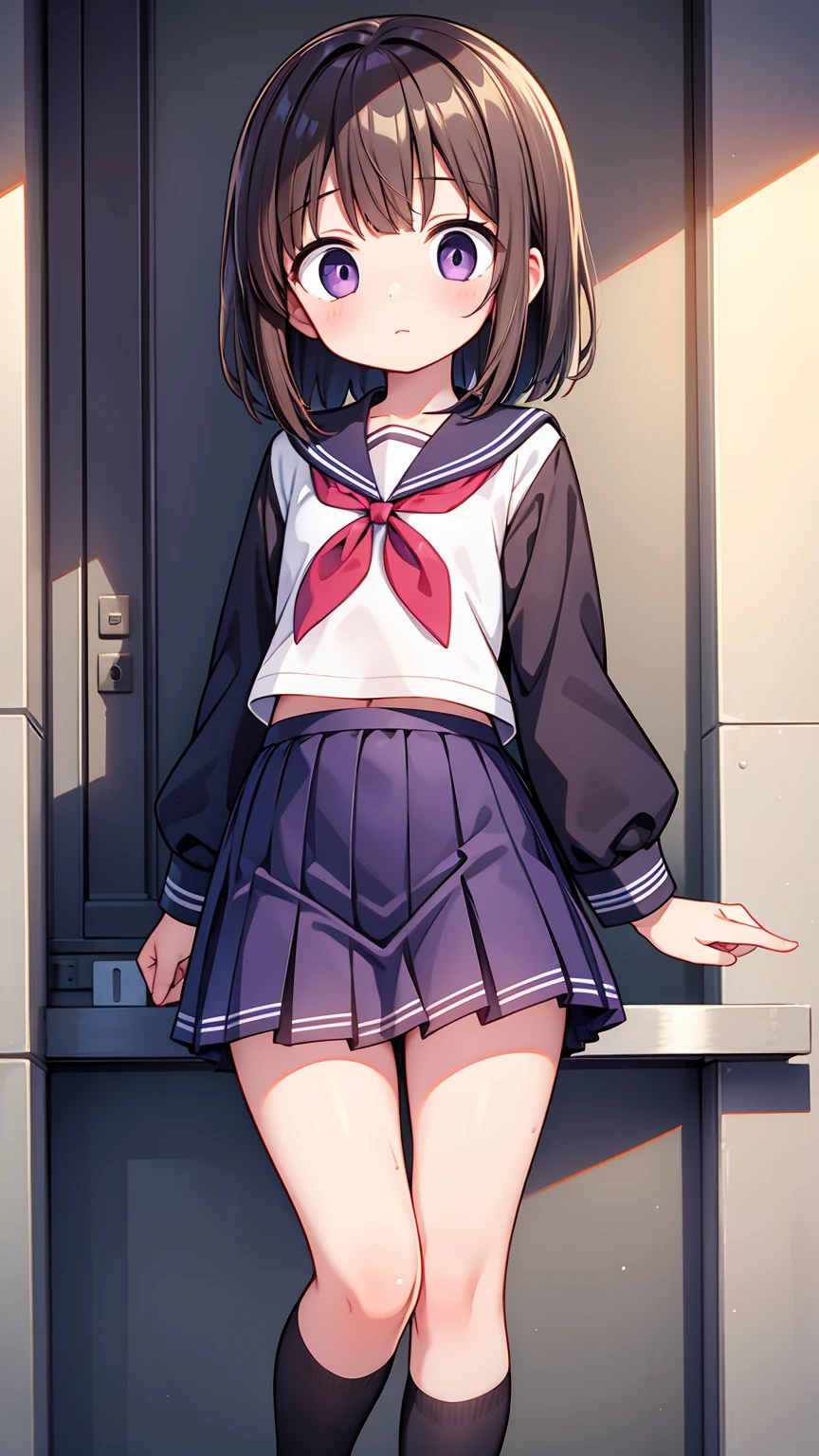 (High quality), (masterpiece), (very detailed), girl, (flat chest:1.6), short brown hair, purple eyes, shy face, primary school girl, white blouse, black skirt with pleats, (loli), showing her thighs, on the school yard, sunny, school girl, (sailor uniform), confessing his love towards the viewer, spectator looked under her, adorable eyes, (school uniform)