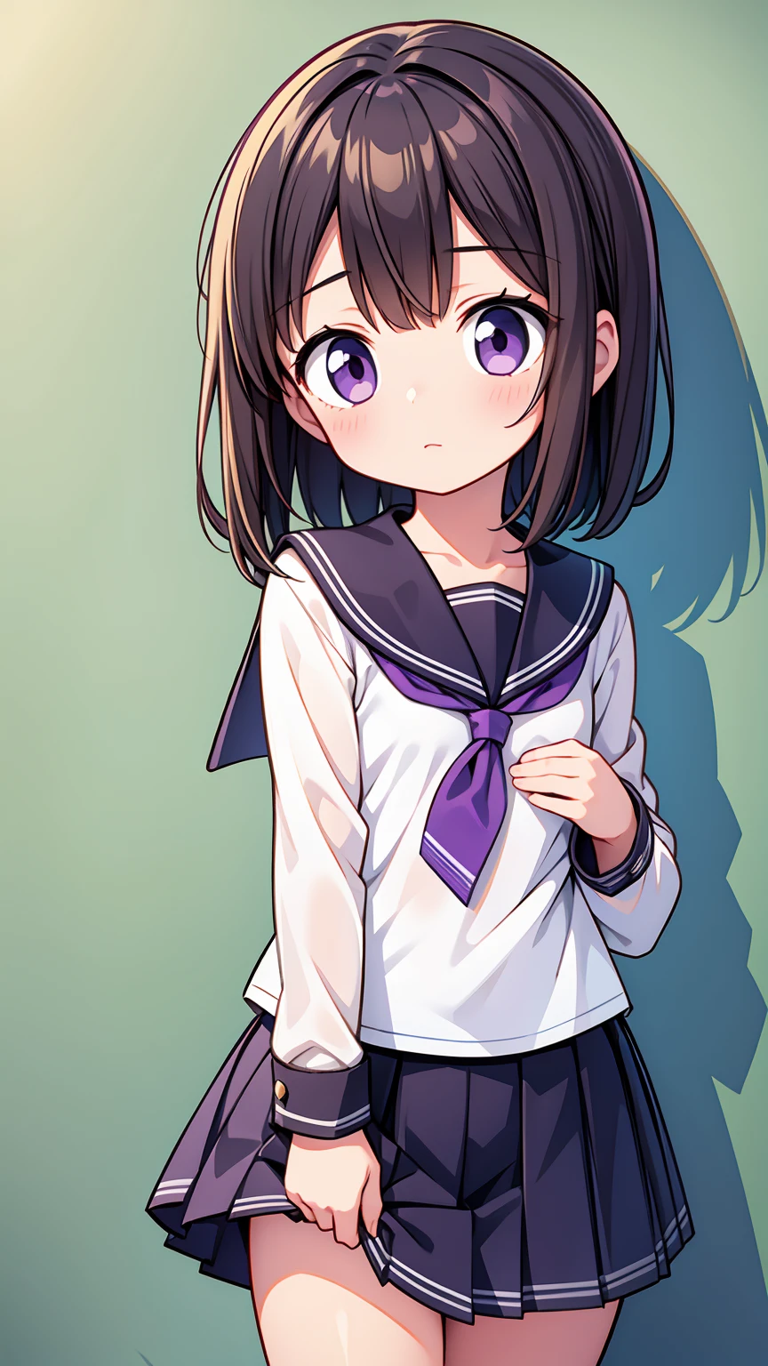 (High quality), (masterpiece), (very detailed), girl, (flat chest:1.6), short brown hair, purple eyes, shy face, primary girl, white blouse, black skirt with pleats, (loli), showing her thighs, on the school yard, sunny, school girl, (sailor uniform), confessing his love towards the viewer, spectator looked under her, adorable eyes, (school uniform)