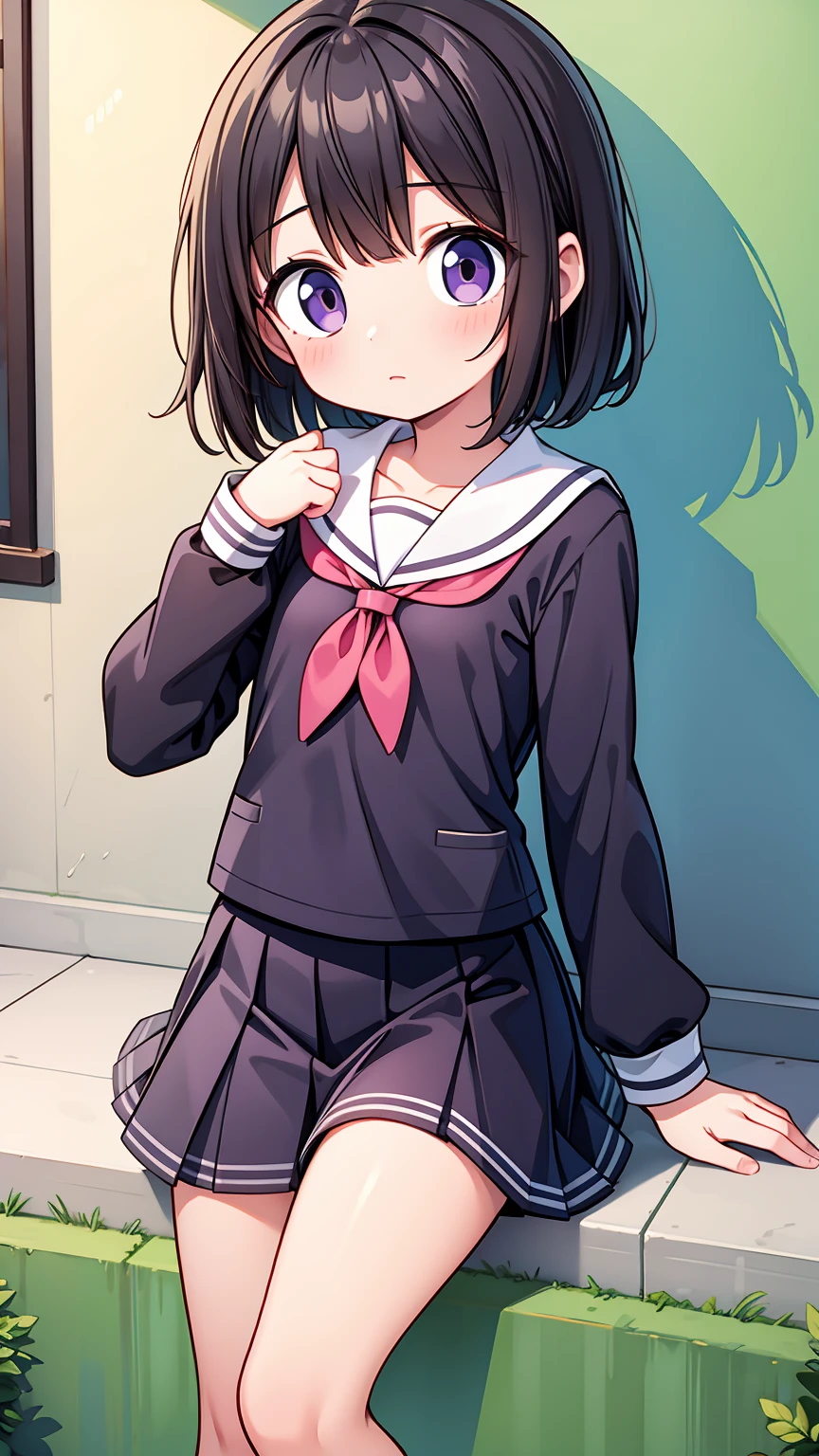 (High quality), (masterpiece), (very detailed), girl, (flat chest:1.6), short brown hair, purple eyes, shy face, primary school girl, white blouse, black skirt with pleats, (loli), showing her thighs, on the school yard, sunny, school girl, (sailor uniform), confessing his love towards the viewer, spectator looked under her, adorable eyes, (school uniform)