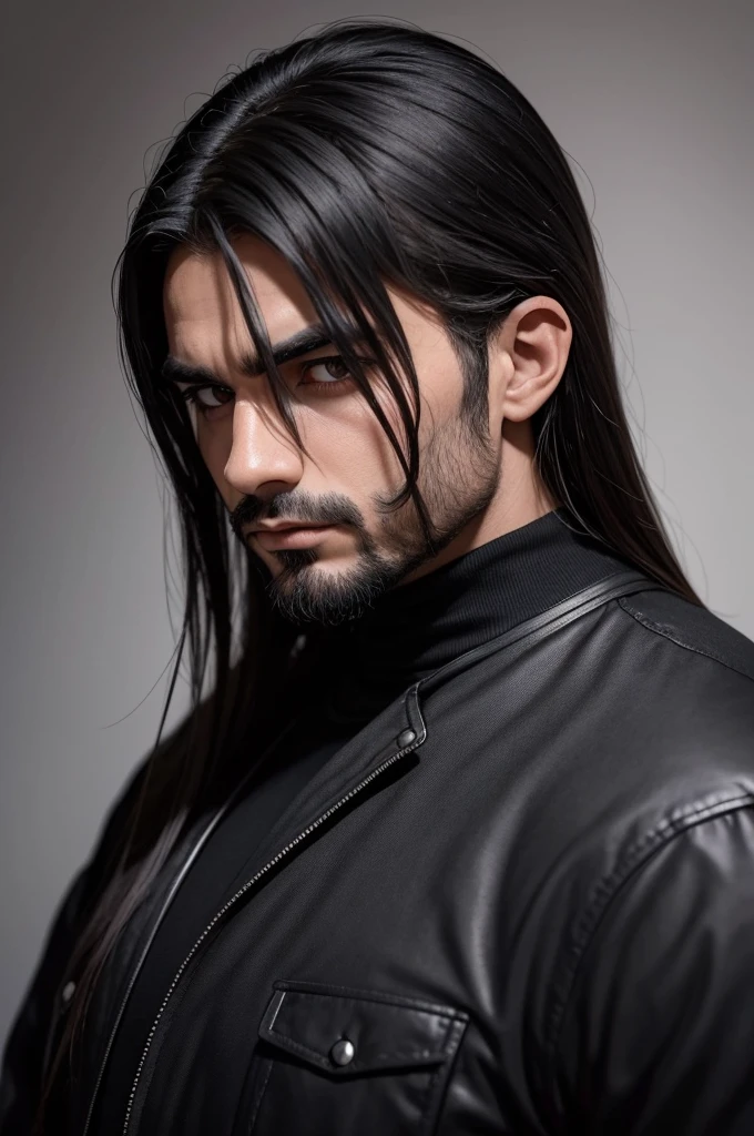 Crie uma imagem de um homem de cabelo preto, com um ar de homem que faz academia, com uma cicatriz na bochecha esquerda, with black eyes and a serious man's face