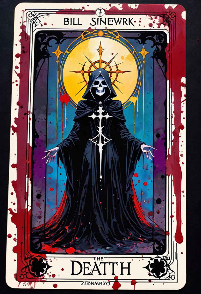 a tarot card depicting the death card, detailed dark gothic tarot card frame, vivid colors, blood splatter, art inspired by Bill Sienkiewicz