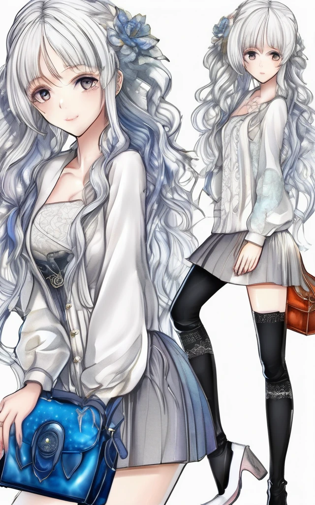 ((sketch)), ((watercolor)),((Highest quality)) ((Highest quality)), ((masterpiece)), (detailed), 4K images, Anime Style, Beautiful adult woman, White braided silver hair, A healthy and toned physique, Gothic Magic Dress, breasts of modest size,, Slim and curvaceous body, Long, slender legs, White eyes,Southern French coordination using lemon patterns,Blue casual outfit, One Girl, Long Hair, Show the whole outfit,Refreshing