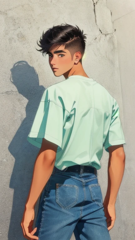 make an Mexican male teenager ************ with slit back hair in 80s style