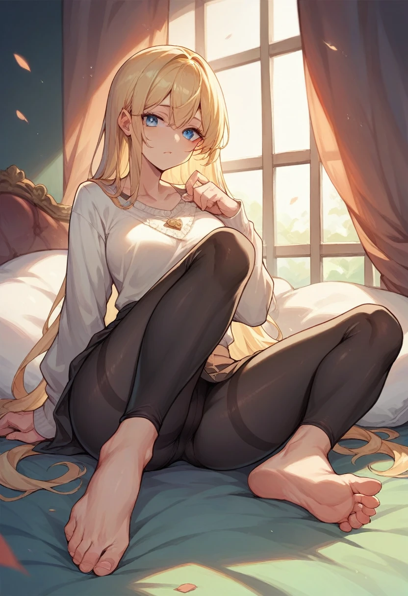 Make an image of a very beautiful little blonde girl with blue eyes wearing black leggings and barefoot