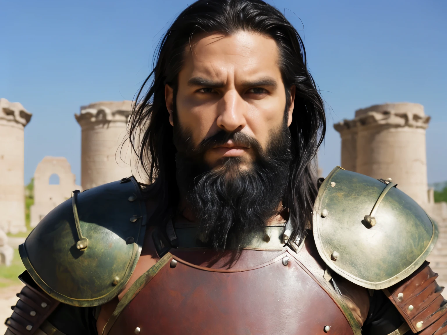 masterpiece, high quality, best quality, beautiful, hd, realistic, perfect lighting, detailed face, detailed body, 1 man, solo, black hair, green eyes, long black beard, brown and worn leather clothing gladiator style: 1.4), leather breastplate, 1 wooden spear in hands, war battle background, gladiator style, muscular men, robust, angry look,