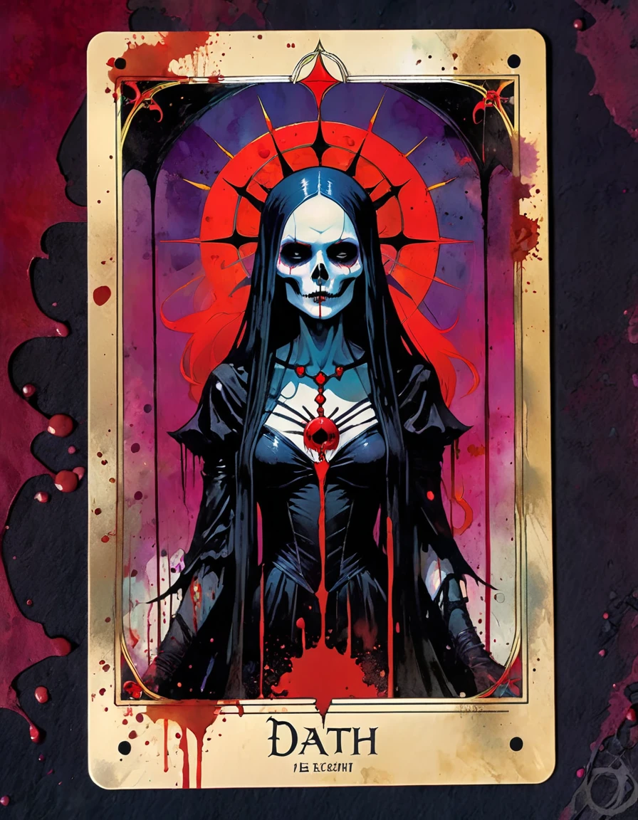 tarot card, a card, card : "DEATH", tarot card frame,vivid colors, blood splat (art inspired by Bill Sienkiewicz). text: DEATH