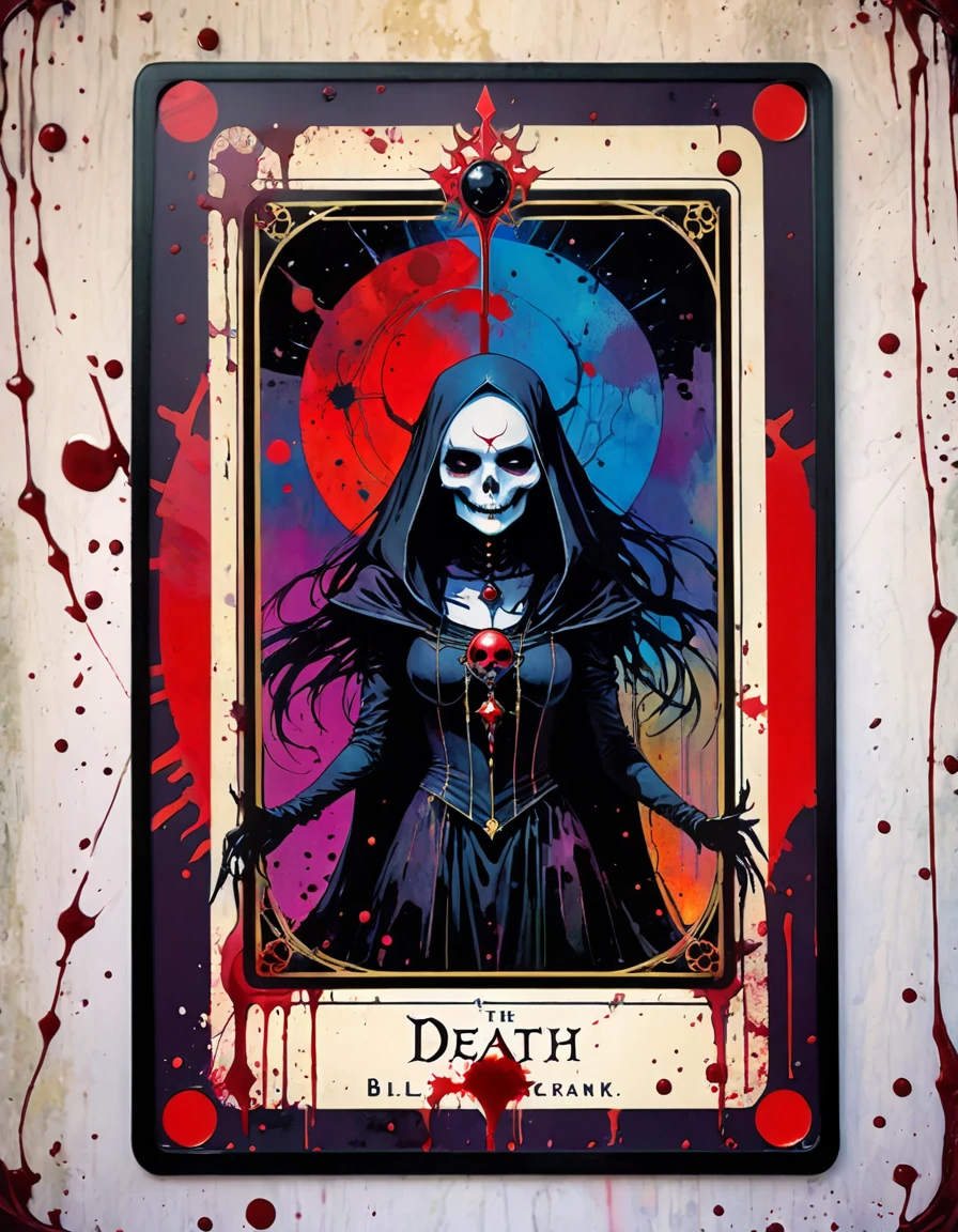 a tarot card depicting the death card, detailed dark gothic tarot card frame, vivid colors, blood splatter, art inspired by Bill Sienkiewicz
