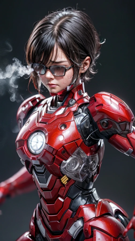 Highest quality 8k Red Iron Man Suit Girl Kindergarten girl Sweaty face cute short hair boyish Steam coming out of my head My hair is wet with sweat The feel of black hair Full body portrait My upper body is soaked Glasses