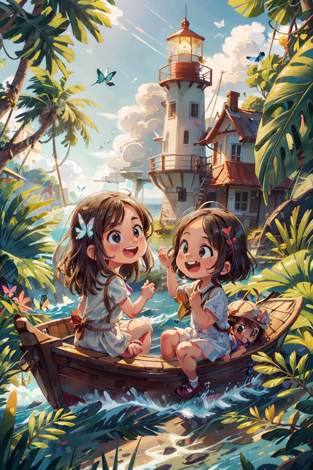 Generates an image of two happy  very young girls sailing on a boat, waves, sea, sky with white clouds. colorful butterflies, lighthouse in the background,