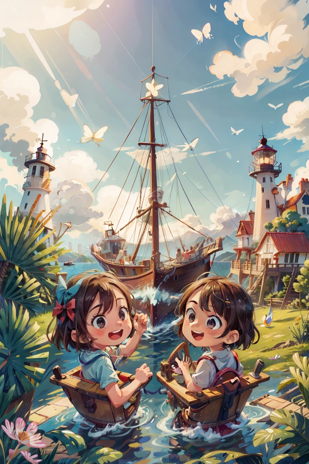 Generates an image of two happy  very young girls sailing on a boat, waves, sea, sky with white clouds. colorful butterflies, lighthouse in the background,