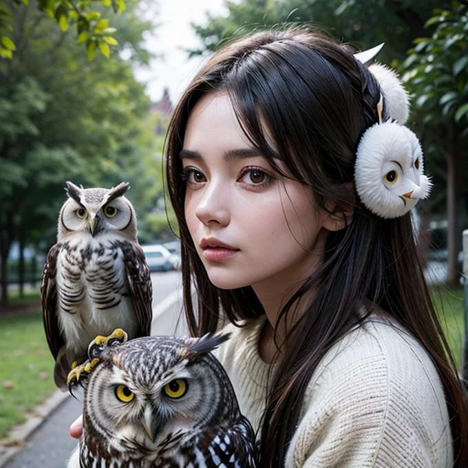 Woman with 3 owls