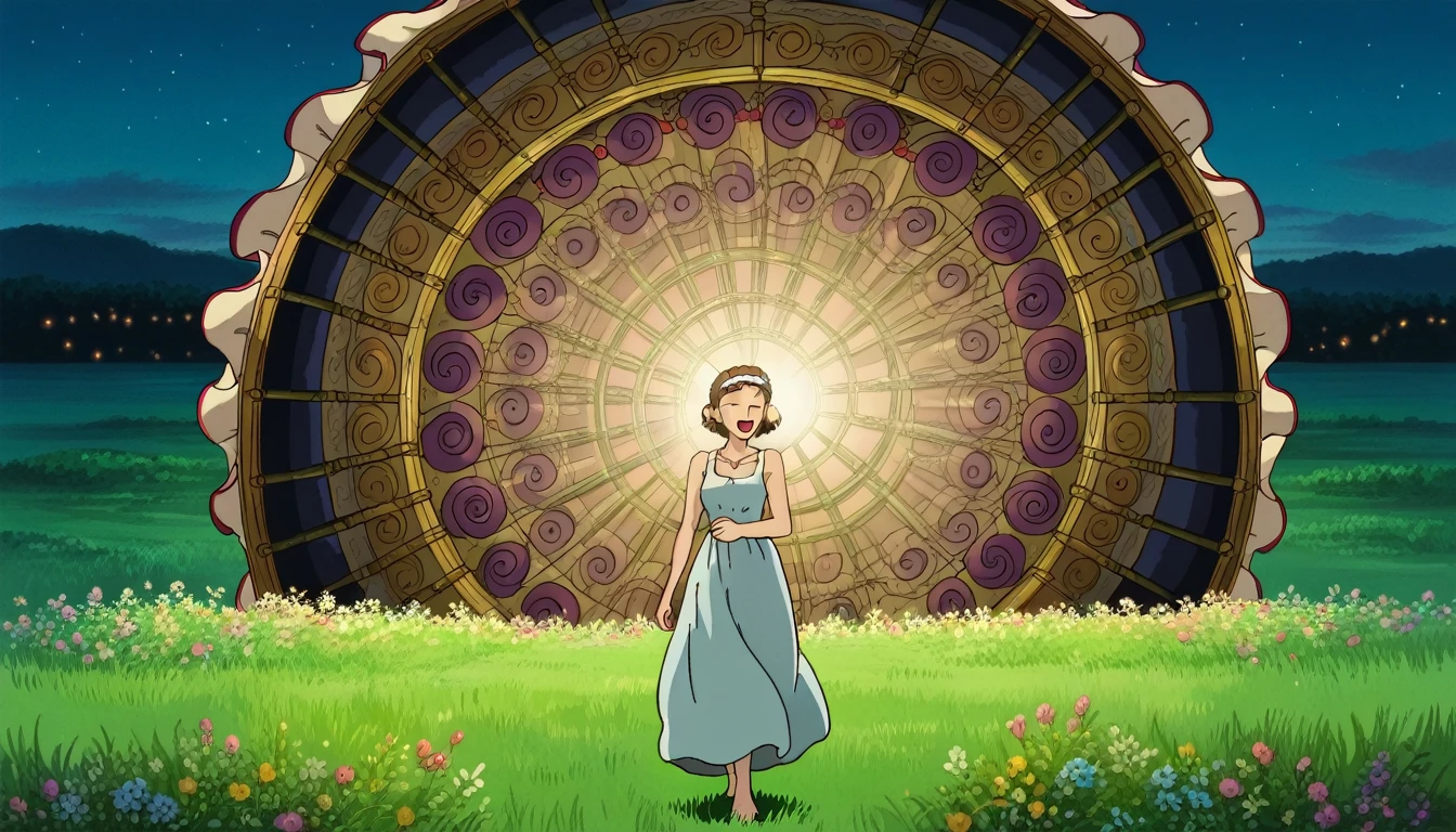 score_9, score_8_superior, score_7_superior, PDXL, Ghibli Style, One girl, alone, View your viewers, short hair, Open your mouth, Brown Hair, Brown eyes, jewelry, Earrings, necklace, Bare arms, night, head band, Facial blemishes, Grass, Face Paint　[:prompt by wrtn GPT-4:999] A young girl in a soft blue sundress with delicate lace trimmings is gently holding a bouquet of wildflowers near her face, her eyes closed, inhaling their fresh scent. Her long, wavy chestnut hair is adorned with a few small daisies, cascading over her shoulders. The sun is setting in the background, casting a golden hue over a tranquil meadow filled with various wildflowers. Her expression is one of serene contentment, with a slight, subtle smile playing on her lips. Her posture is relaxed yet elegant, with one hand softly clutching the dress’s hem. The illustration should capture the essence of a peaceful, dreamy atmosphere, with a soft-focus effect to enhance the ethereal mood. BREAK 1girl, serene expression, closed eyes, smelling flowers, long wavy hair, chestnut hair, daisies in hair, blue sundress, lace trimmings, holding dress, golden hour, tranquil meadow, wildflowers, soft-focus effect, peaceful, dreamy, subtle smile, relaxed posture, elegant, ethereal mood, pastel colors, backlighting, nature, spring, innocence, masterpiece, best quality, very aesthetic, absurdres