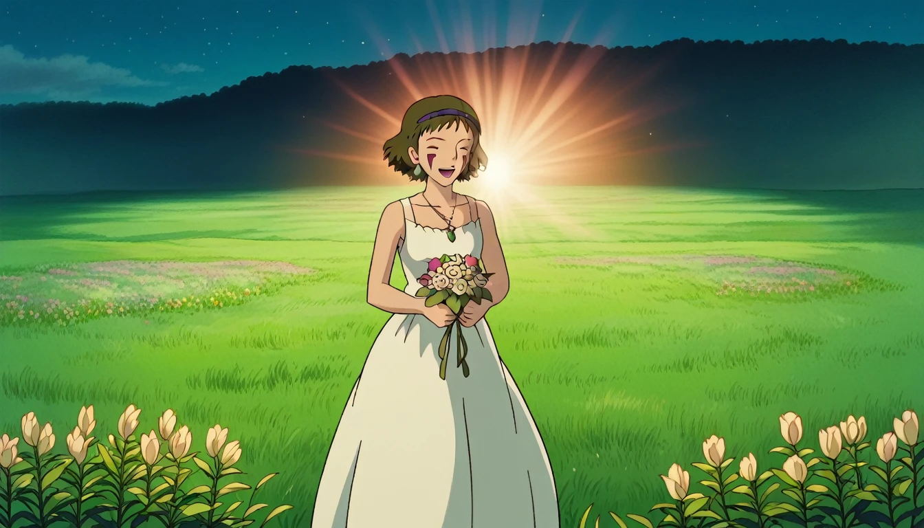 score_9, score_8_superior, score_7_superior, PDXL, Ghibli Style, One girl, alone, View your viewers, short hair, Open your mouth, Brown Hair, Brown eyes, jewelry, Earrings, necklace, Bare arms, night, head band, Facial blemishes, Grass, Face Paint　[:prompt by wrtn GPT-4:999] A young girl in a soft blue sundress with delicate lace trimmings is gently holding a bouquet of wildflowers near her face, her eyes closed, inhaling their fresh scent. Her long, wavy chestnut hair is adorned with a few small daisies, cascading over her shoulders. The sun is setting in the background, casting a golden hue over a tranquil meadow filled with various wildflowers. Her expression is one of serene contentment, with a slight, subtle smile playing on her lips. Her posture is relaxed yet elegant, with one hand softly clutching the dress’s hem. The illustration should capture the essence of a peaceful, dreamy atmosphere, with a soft-focus effect to enhance the ethereal mood. BREAK 1girl, serene expression, closed eyes, smelling flowers, long wavy hair, chestnut hair, daisies in hair, blue sundress, lace trimmings, holding dress, golden hour, tranquil meadow, wildflowers, soft-focus effect, peaceful, dreamy, subtle smile, relaxed posture, elegant, ethereal mood, pastel colors, backlighting, nature, spring, innocence, masterpiece, best quality, very aesthetic, absurdres