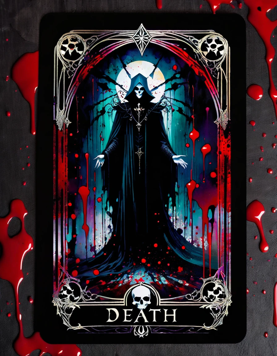 a tarot card depicting the death card, detailed dark gothic tarot card frame, vivid colors, blood splatter, art inspired by Bill Sienkiewicz